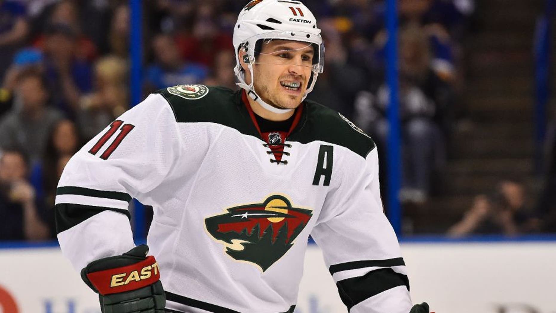 Apr 18, 2015; St. Louis, MO, USA; Minnesota Wild left wing Zach Parise (11) in the game against the St. Louis Blues during the first period in game two of the first round of the the 2015 Stanley Cup Playoffs at Scottrade Center. Mandatory Credit: Jasen Vinlove-USA TODAY Sports