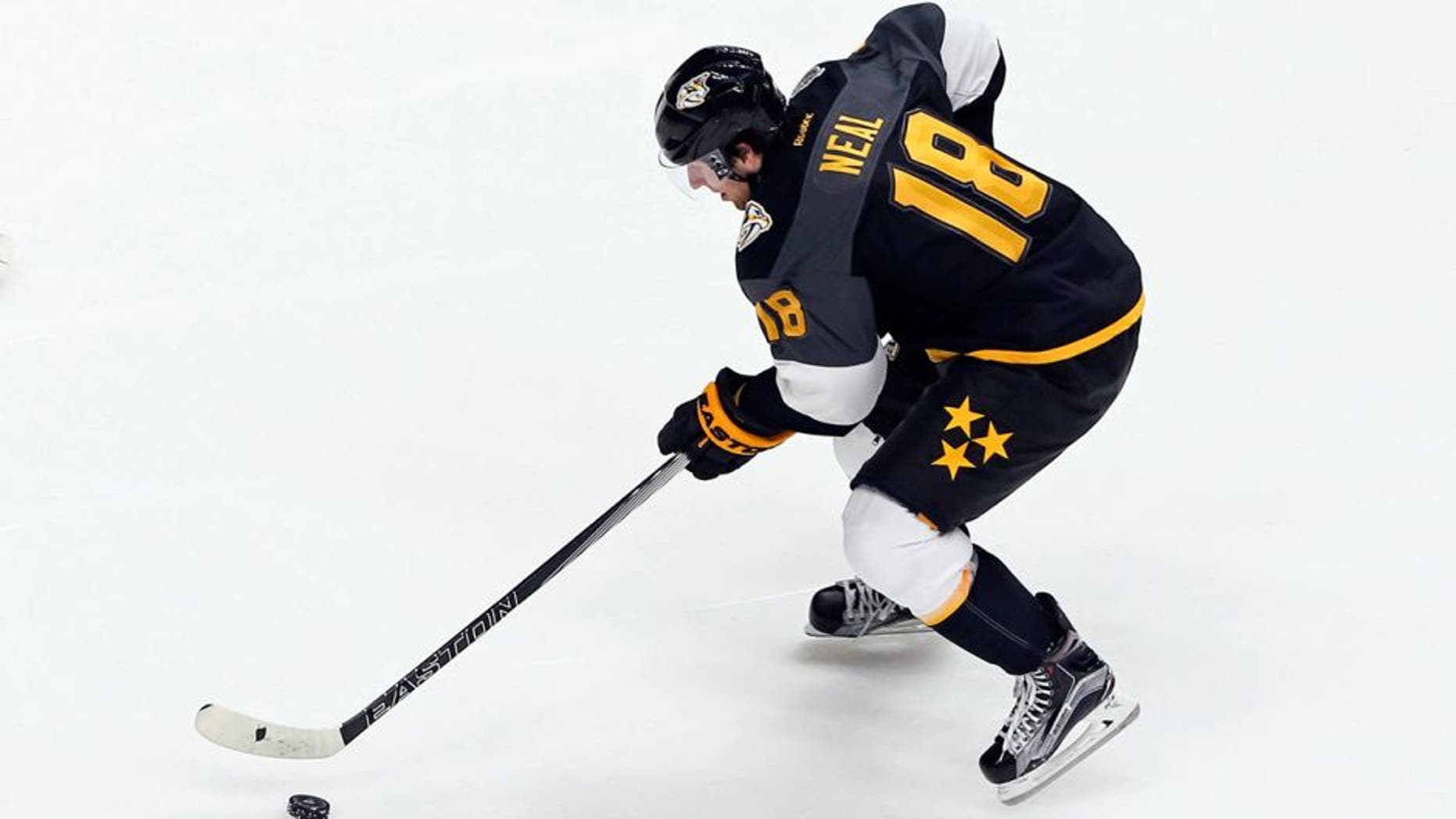 Jan 31, 2016; Nashville, TN, USA; Central Division forward James Neal (18) of the Nashville Predators controls the puck during the 2016 NHL All Star Game at Bridgestone Arena. Mandatory Credit: Aaron Doster-USA TODAY Sports