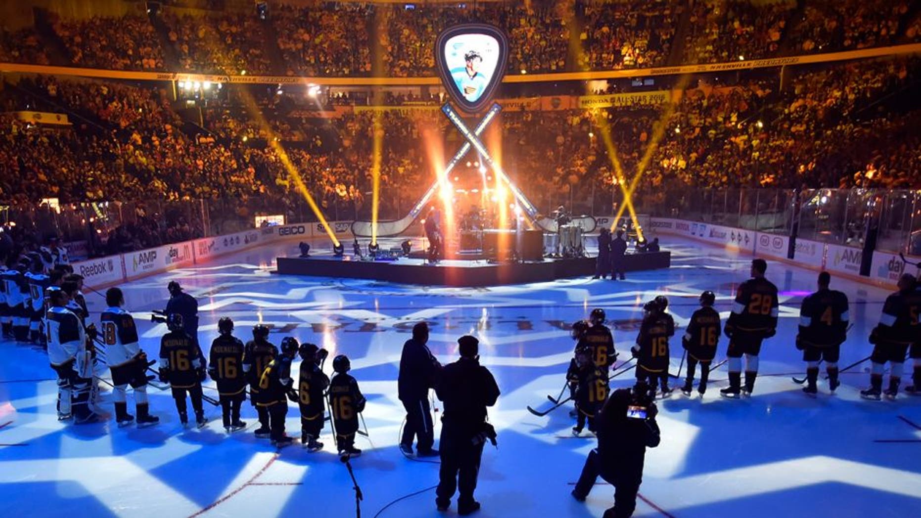Jan 31, 2016; Nashville, TN, USA; General view of the ice during player introductions at the 2016 NHL All Star Game at Bridgestone Arena. Mandatory Credit: Christopher Hanewinckel-USA TODAY Sports