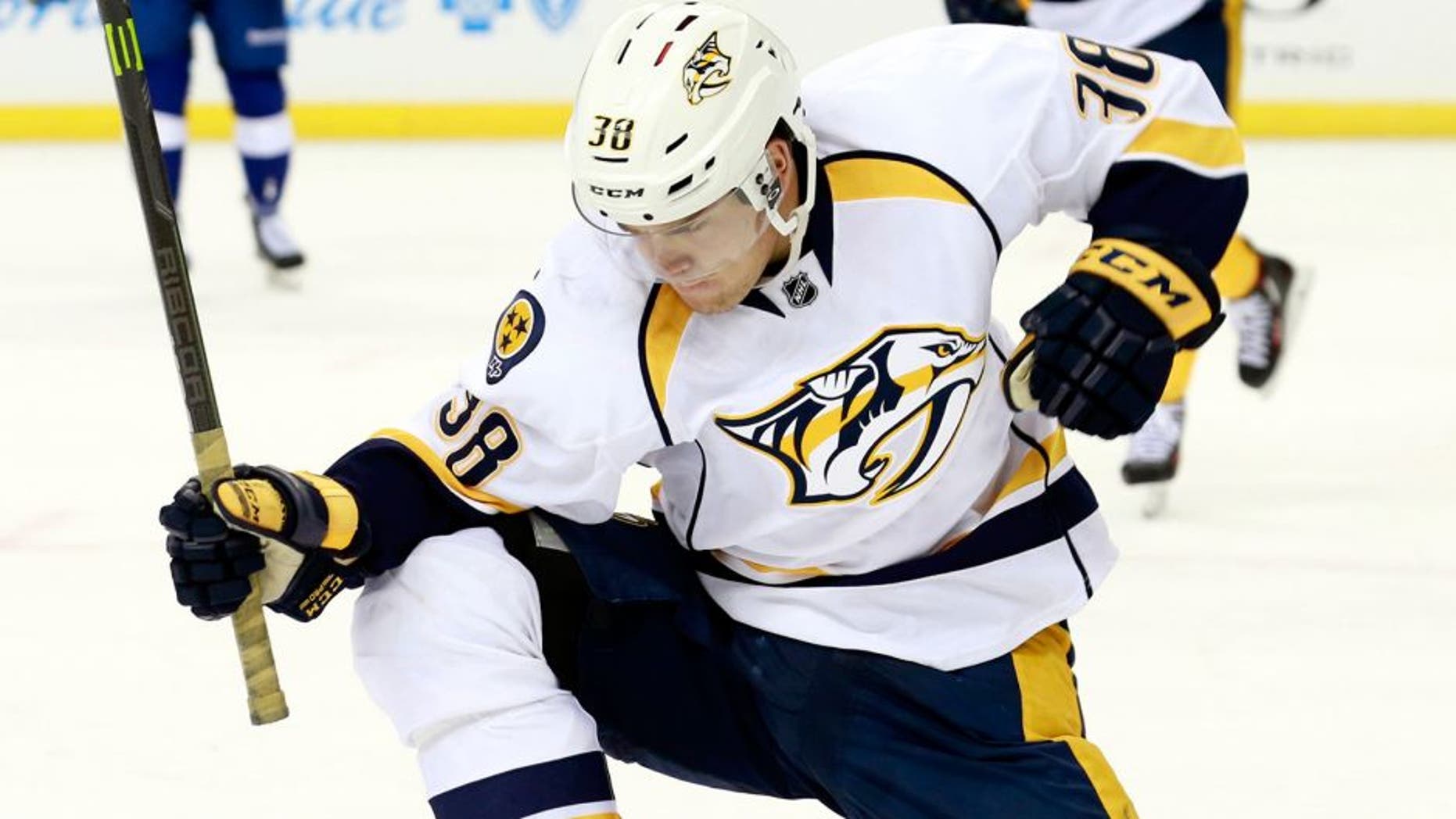 Sep 22, 2015; Tampa, FL, USA; Nashville Predators right wing Viktor Arvidsson (38) reacts as he scores a goal against the Tampa Bay Lightning during the third period at Amalie Arena. Nashville Predators defeated the Tampa Bay Lightning 3-2 in overtime. Mandatory Credit: Kim Klement-USA TODAY Sports