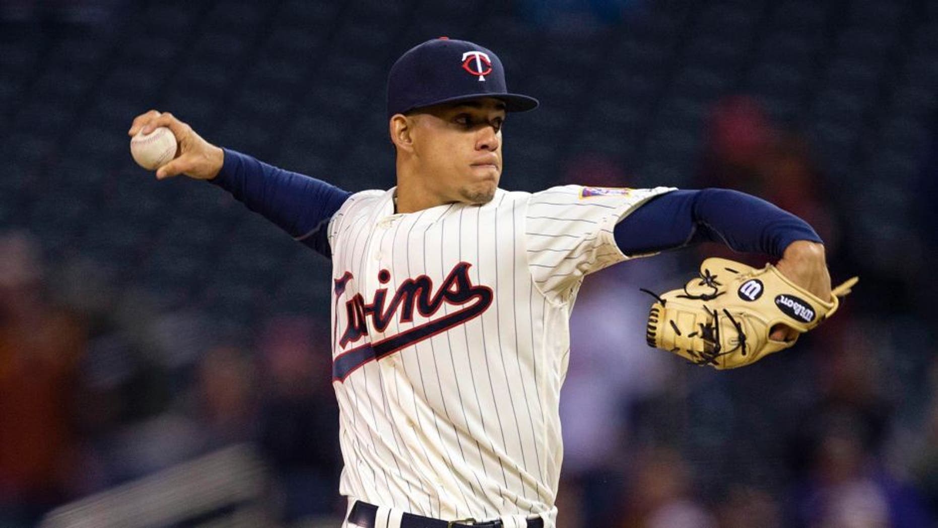 Apr 27, 2016; Minneapolis, MN, USA; Minnesota Twins starting pitcher Jose Berrios (17) delivers a pitch in the first inning against the Cleveland Indians at Target Field. Mandatory Credit: Jesse Johnson-USA TODAY Sports