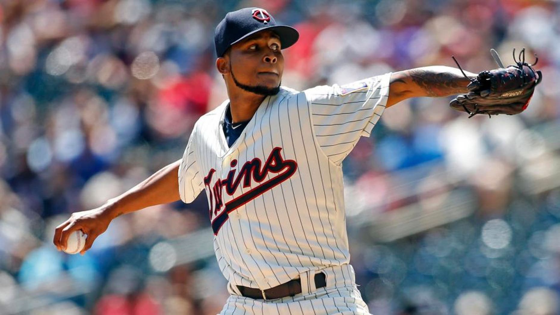 Jul 6, 2016; Minneapolis, MN, USA; Minnesota Twins starting pitcher Ervin Santana (54) pitches to the Oakland Athletics in the first inning at Target Field. Mandatory Credit: Bruce Kluckhohn-USA TODAY Sports
