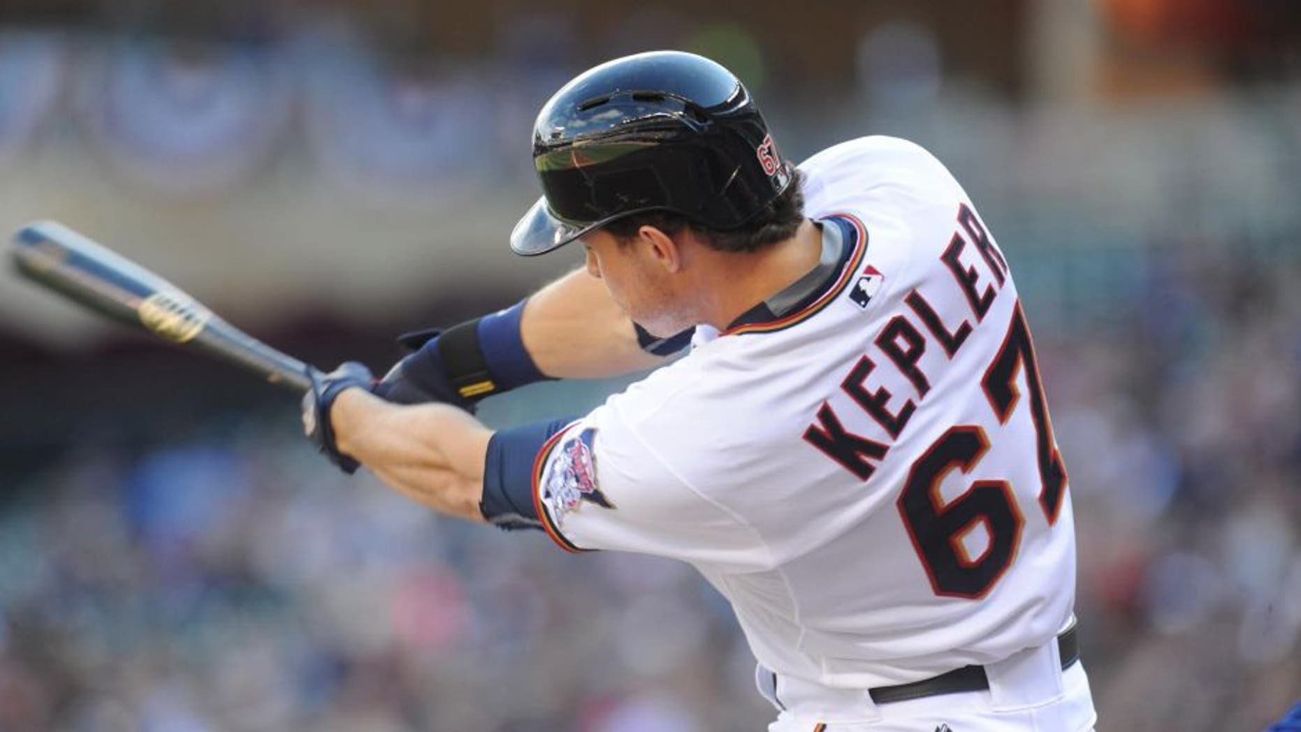 Oct 4, 2015; Minneapolis, MN, USA; Minnesota Twins right fielder Max Kepler (67) gets a base hit during the first inning against the Kansas City Royals at Target Field.