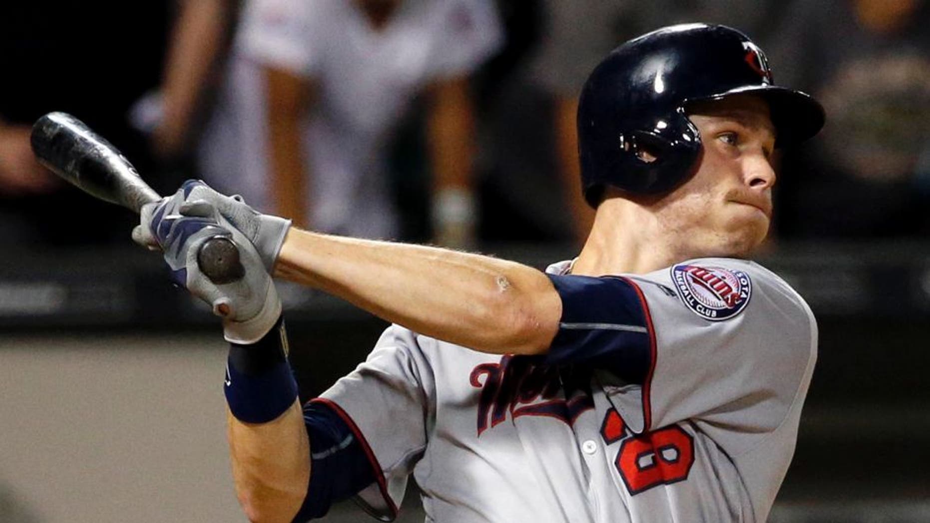 Minnesota Twins' Max Kepler watches his two-run double against the Chicago White Sox during the ninth inning of a baseball game in Chicago, Wednesday, June 29, 2016. Chicago won 9-6. (AP Photo/Nam Y. Huh)