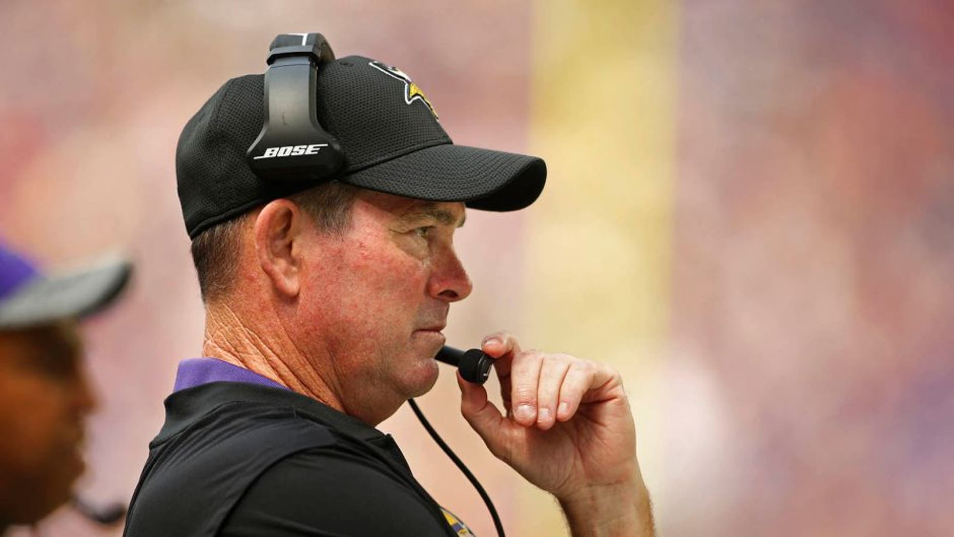 Aug 28, 2016; Minneapolis, MN, USA; Minnesota Vikings head coach Mike Zimmer looks on from the sidelines against the San Diego Chargers at U.S. Bank Stadium. The Vikings won 23-10. Mandatory Credit: Bruce Kluckhohn-USA TODAY Sports