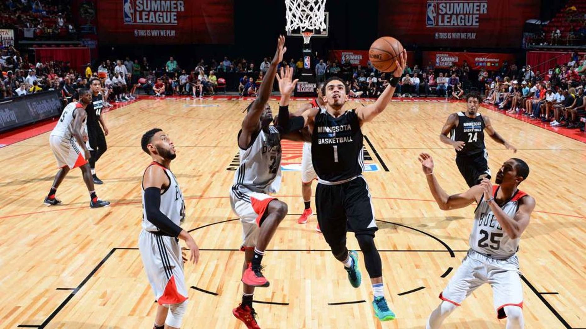 LAS VEGAS, NV - JULY 18: Tyus Jones #1 of the Minnesota Timberwolves shoots the ball against the Chicago Bulls during the 2016 NBA Las Vegas Summer League game on July 18, 2016 at the Thomas & Mack Center in Las Vegas, Nevada. NOTE TO USER: User expressly acknowledges and agrees that, by downloading and or using this photograph, User is consenting to the terms and conditions of the Getty Images License Agreement. Mandatory Copyright Notice: Copyright 2016 NBAE (Photo by David Dow/NBAE via Getty Images)