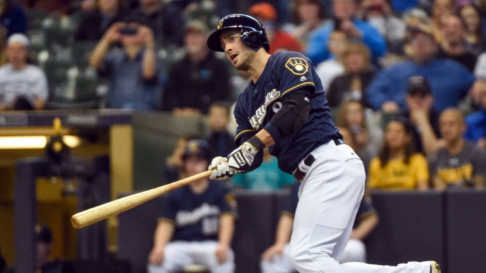 Milwaukee Brewers left fielder Ryan Braun (8) hits a double in the first inning against the Los Angeles Angels.