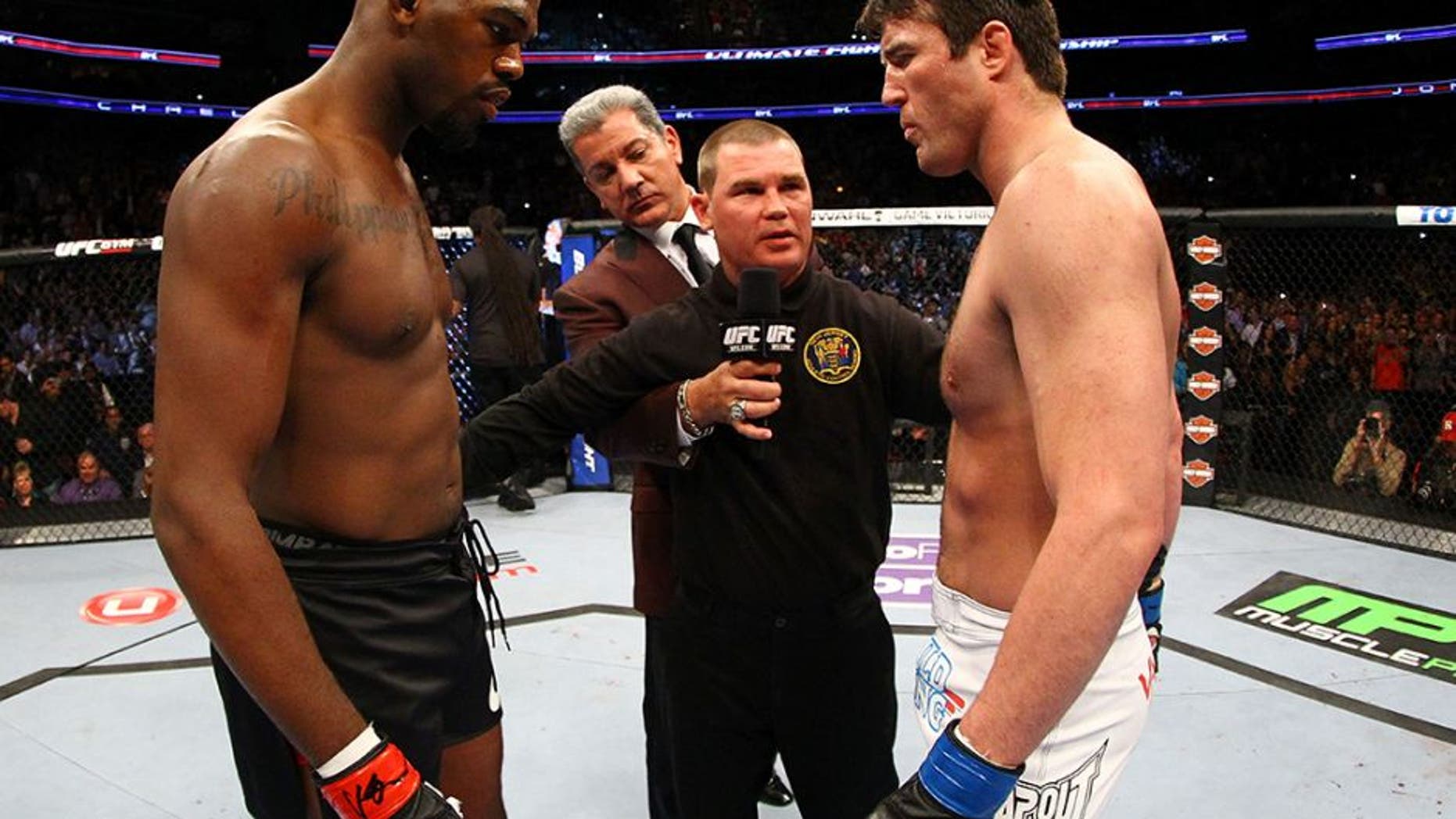 NEWARK, NJ - APRIL 27: Jon Jones and Chael Sonnen face off before their light heavyweight championship bout during the UFC 159 event at the Prudential Center on April 27, 2013 in Newark, New Jersey. (Photo by Al Bello/Zuffa LLC/Zuffa LLC Via Getty Images)