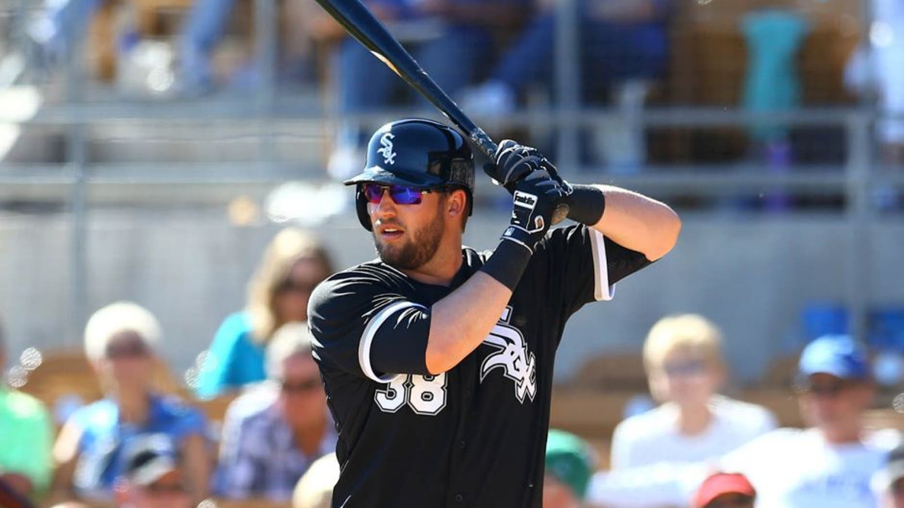Mar 4, 2015; Phoenix, AZ, USA; Chicago White Sox infielder Andy Wilkins against the Los Angeles Dodgers during a spring training baseball game at Camelback Ranch. Mandatory Credit: Mark J. Rebilas-USA TODAY Sports