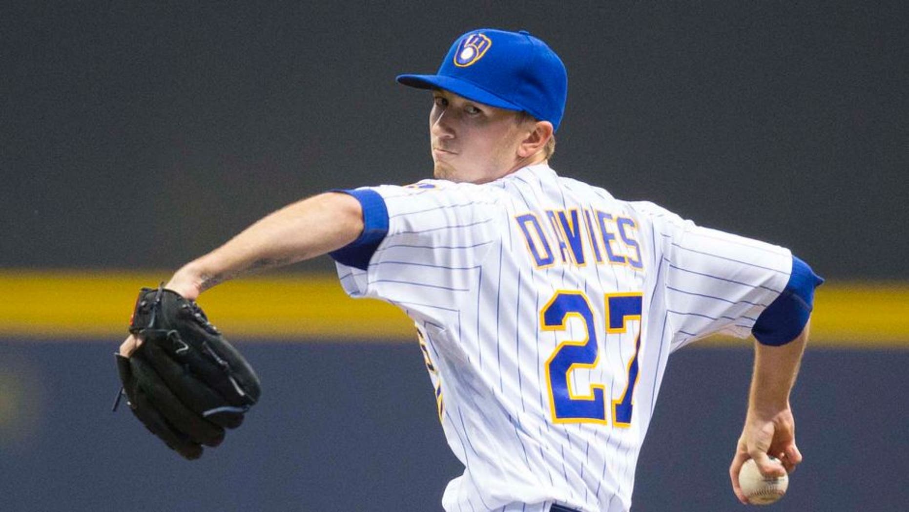 Apr 22, 2016; Milwaukee, WI, USA; Milwaukee Brewers pitcher Zach Davies (27) throws a pitch during the first inning against the Philadelphia Phillies at Miller Park. Mandatory Credit: Jeff Hanisch-USA TODAY Sports
