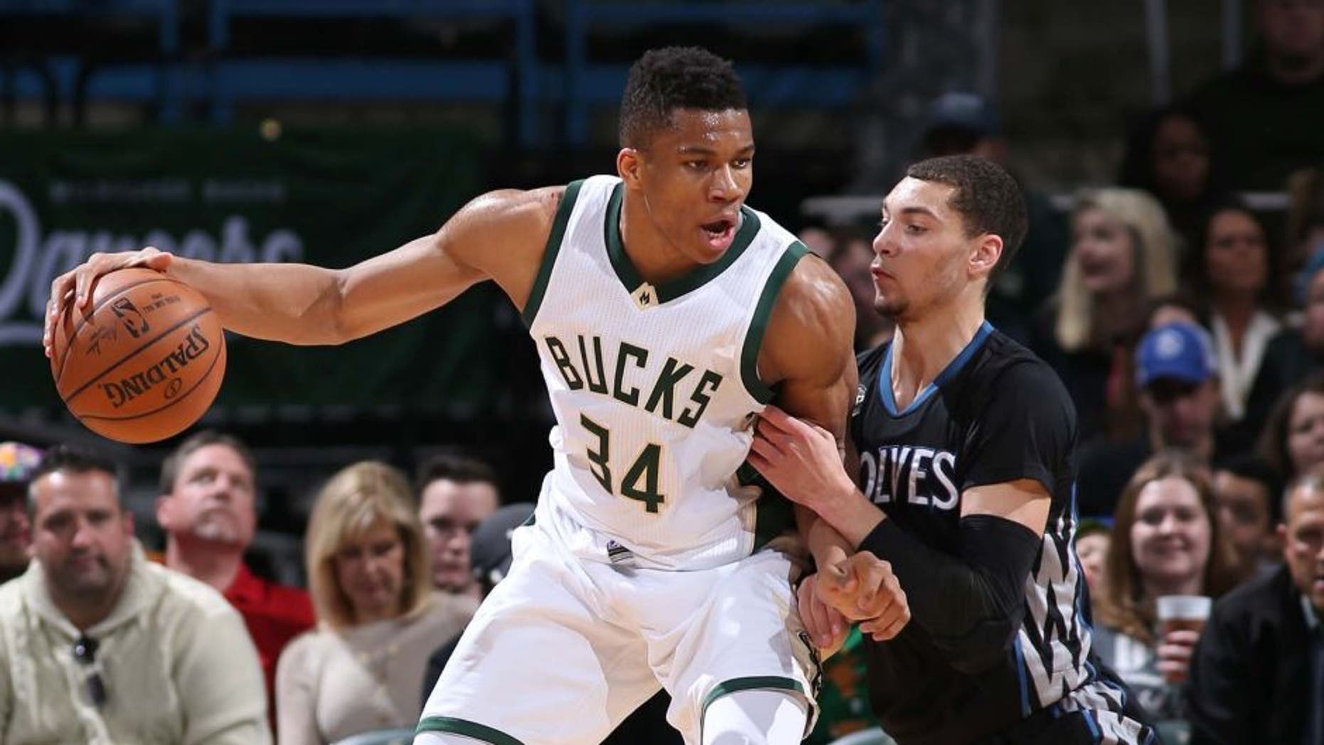 Milwaukee, WI - MARCH 4: Giannis Antetokounmpo #34 of the Milwaukee Bucks handles the ball against the Minnesota Timberwolves on March 4, 2016 at the BMO Harris Bradley Center in Milwaukee, Wisconsin. NOTE TO USER: User expressly acknowledges and agrees that, by downloading and or using this Photograph, user is consenting to the terms and conditions of the Getty Images License Agreement. Mandatory Copyright Notice: Copyright 2016 NBAE (Photo by Gary Dineen/NBAE via Getty Images)