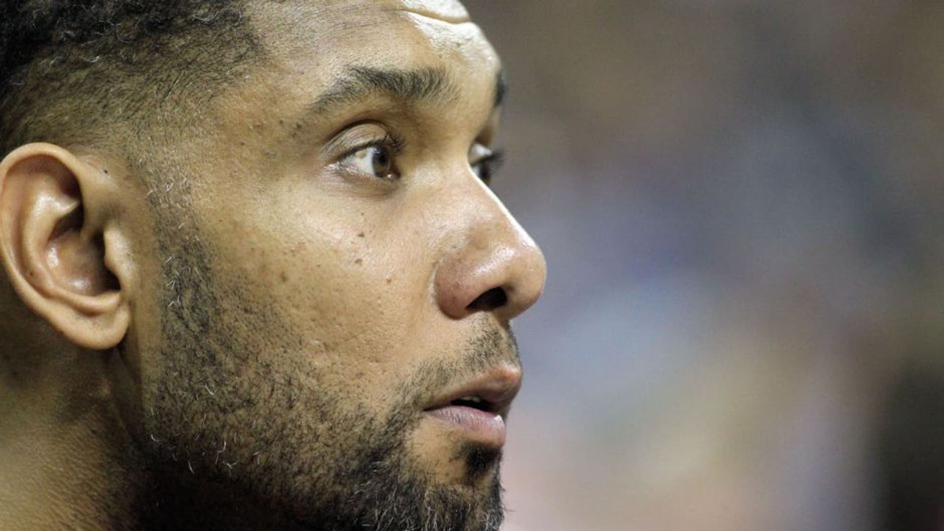 Apr 22, 2016; Memphis, TN, USA; San Antonio Spurs center Tim Duncan looks on in the fourth quarter against the Memphis Grizzlies in game three of the first round of the NBA Playoffs at FedExForum. Spurs defeated Grizzlies 96-87. Mandatory Credit: Nelson Chenault-USA TODAY Sports
