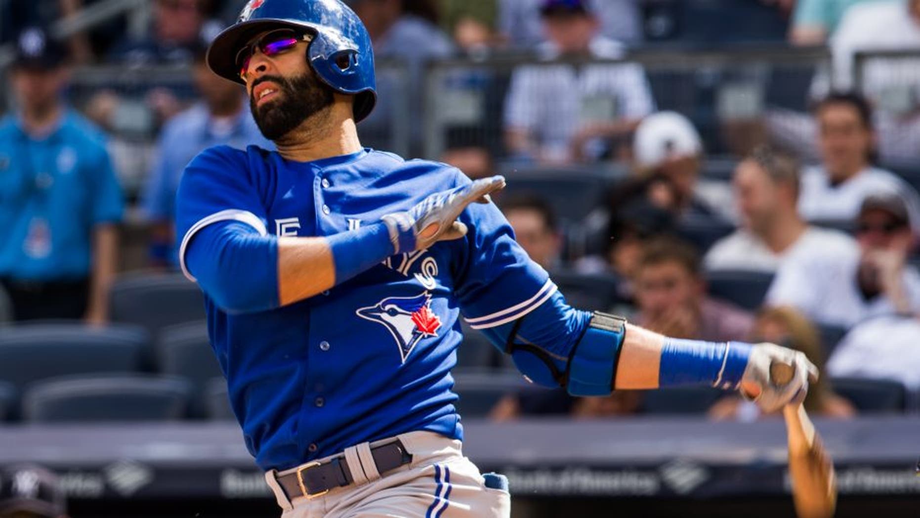 NEW YORK - SEPTEMBER 13: Jose Bautista #19 of the Toronto Blue Jays bats during the game against the New York Yankees at Yankee Stadium on September 13, 2015 in the Bronx borough of New York City. (Photo by Rob Tringali/SportsChrome/Getty Images)