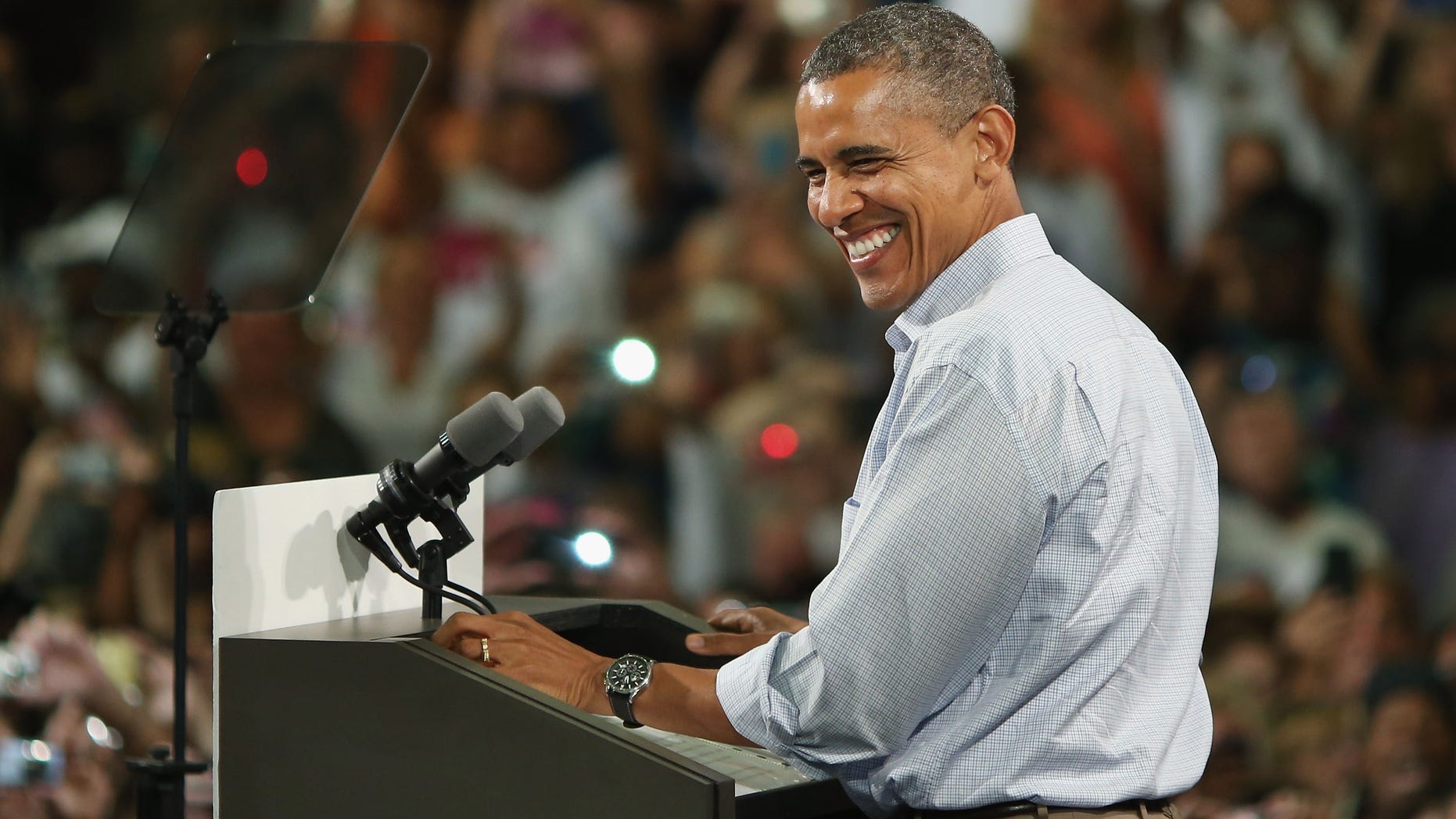 MELBOURNE, FL - SEPTEMBER 09: U.S. President Barack Obama addresses a campaign event at the Florida Institute of Technology Charles and Ruth Clemente Center September 9, 2012 in Melbourne, Florida. Working with the momentum from this week's Democratic National Convention, Obama is on a two-day campaign swing from one side of Florida to the other on the politically important I-4 corridor. (Photo by Chip Somodevilla/Getty Images)