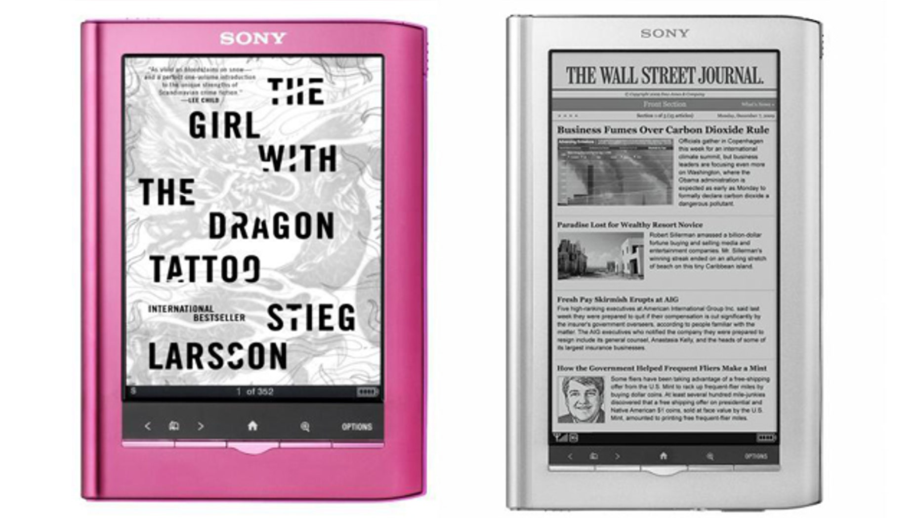 Two of Sony's new e-readers, the slim pink Pocket Reader and the larger Daily Reader Touch Edition (picture not shown to scale).