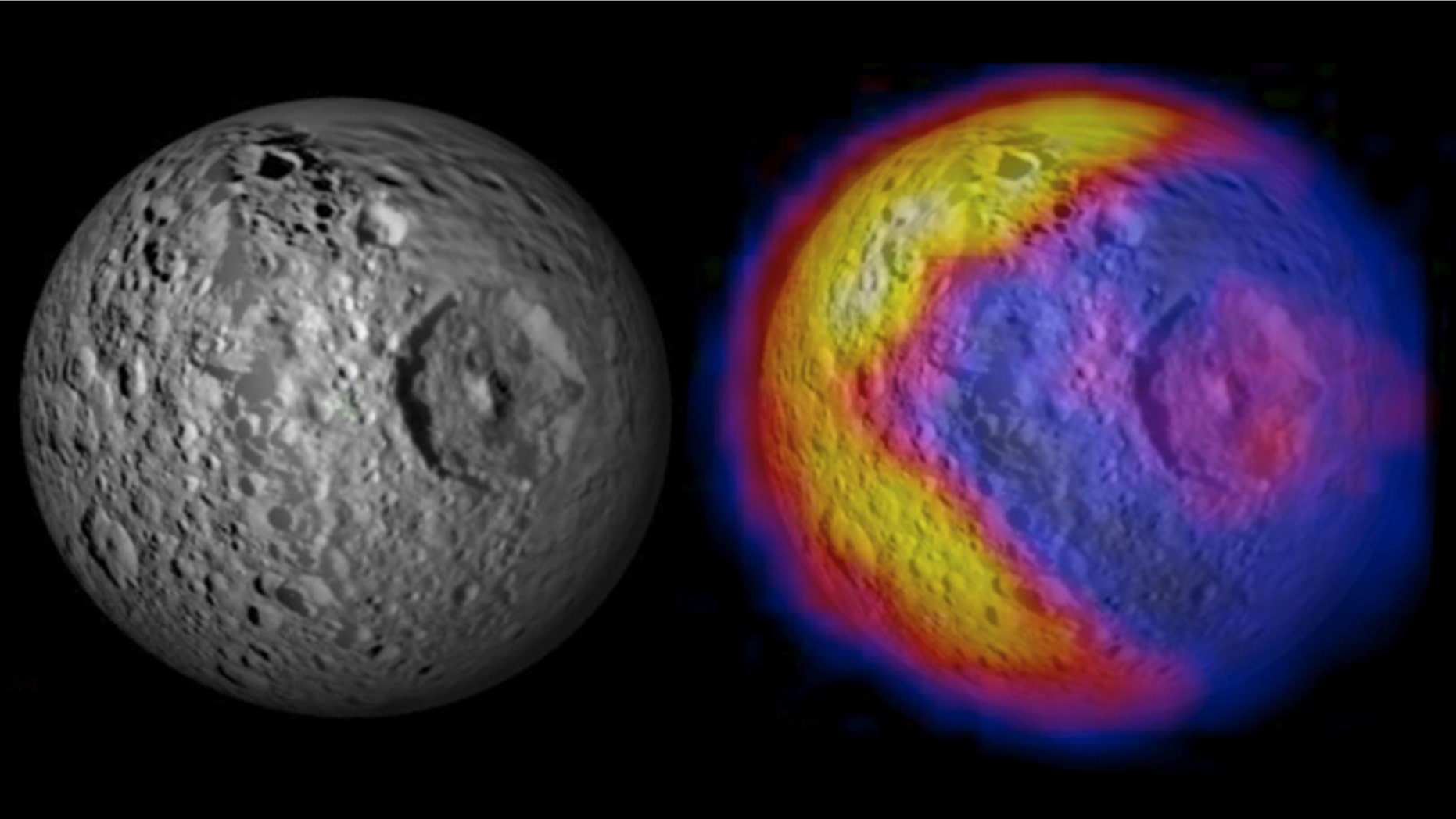 An unexpected and bizarre pattern of daytime temperatures was found on Saturn's small inner moon Mimas (246 miles in diameter).