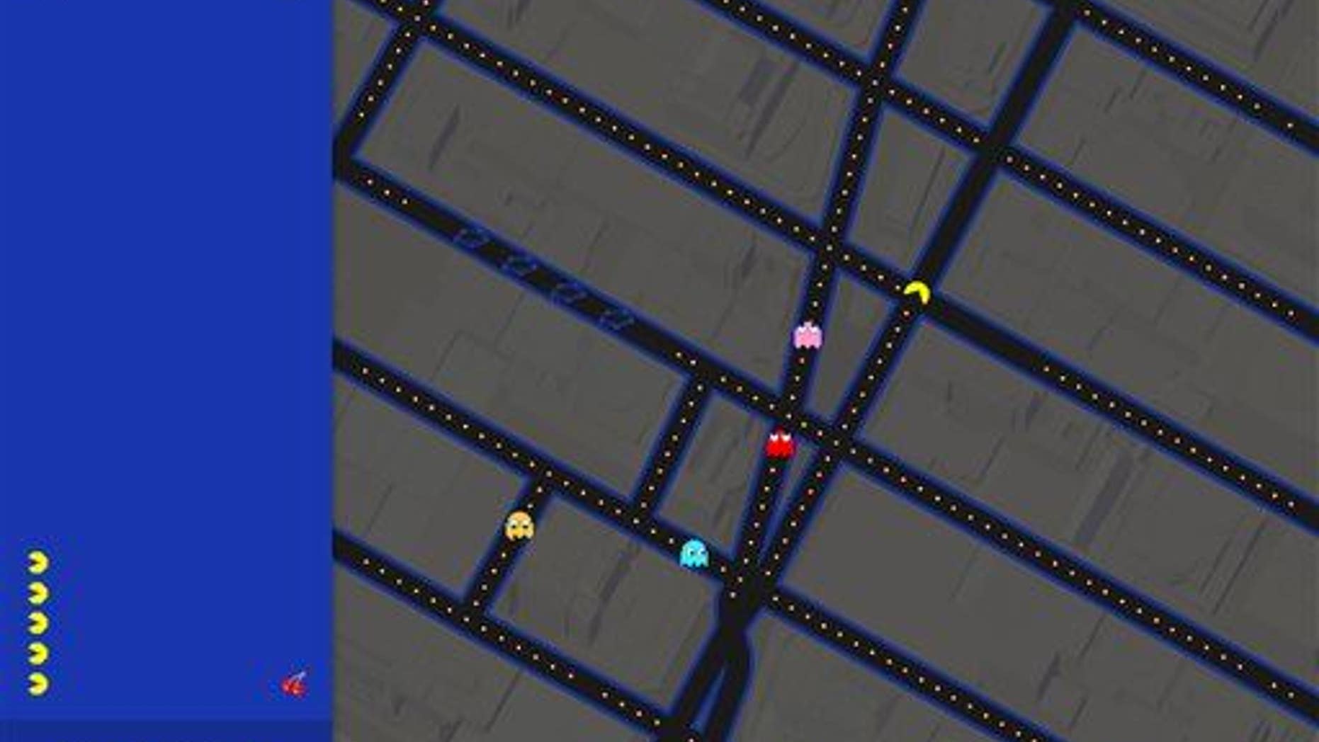 This screenshot shows the Times Square area of New York in Pac-Man form on Google Maps.