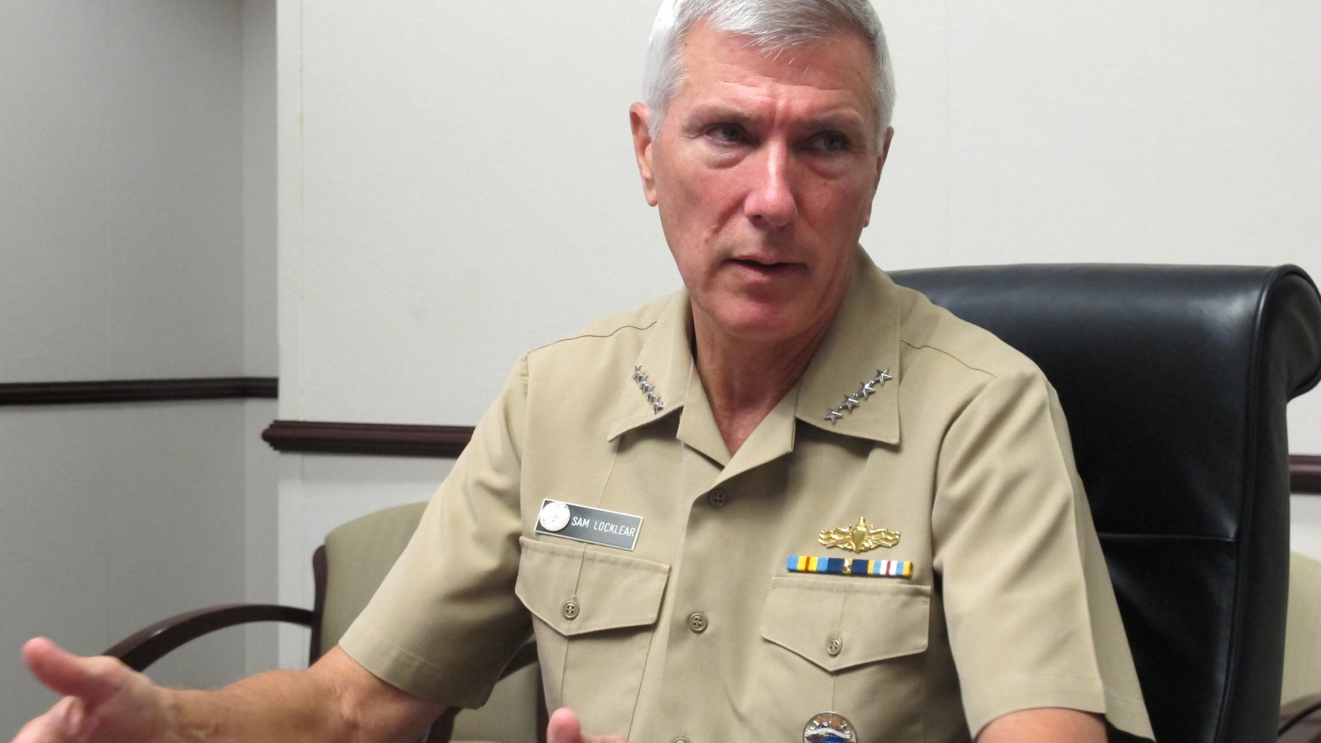 July 25, 2012: Adm. Samuel Locklear III, the U.S. Pacific Command commander, speaks to reporters at his headquarters in Camp H.M. Smith, Hawaii.