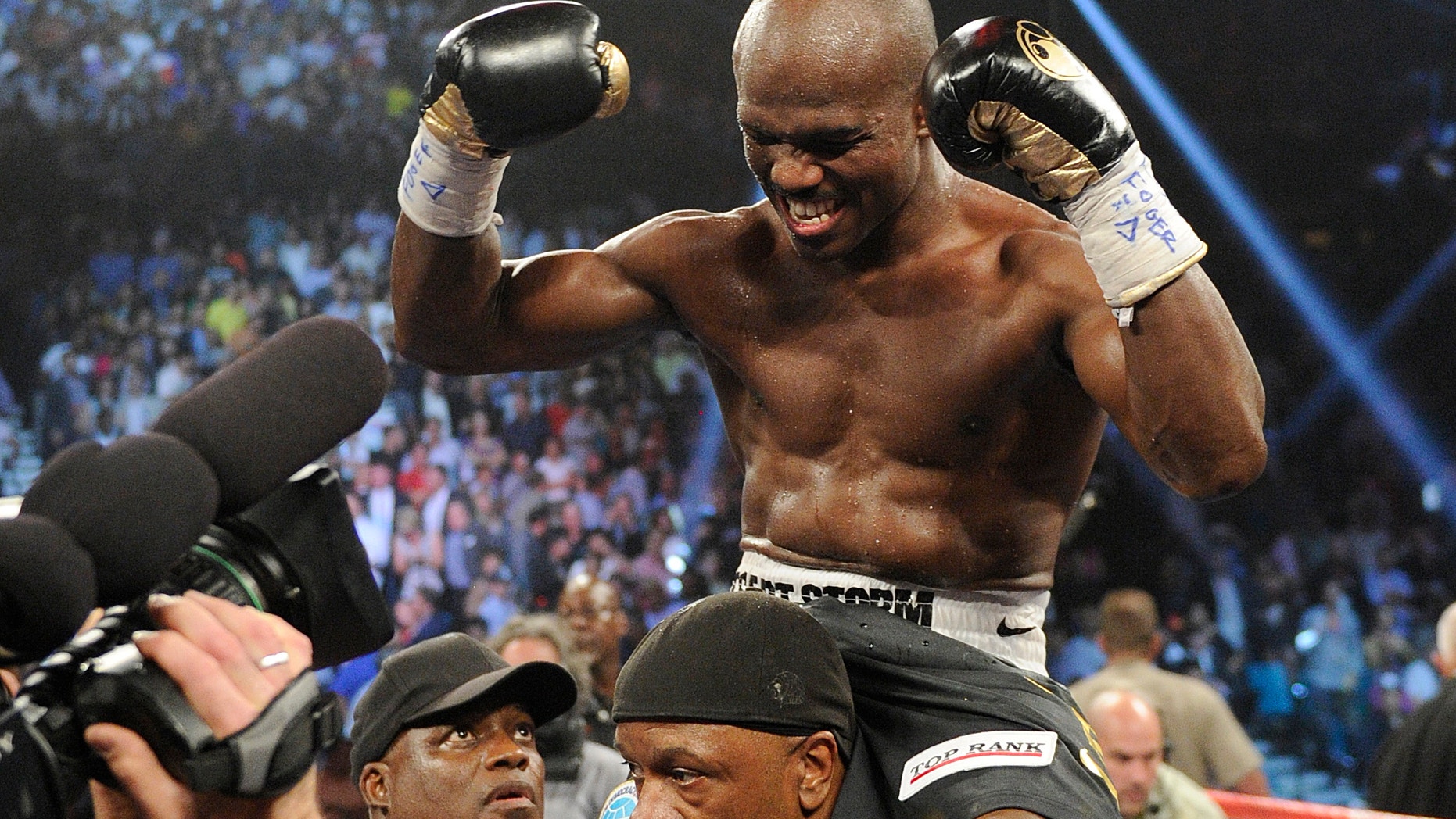 June 9, 2012: Timothy Bradley, from Palm Springs, Calif., reacts to his split decision victory over Manny Pacquiao, from the Philippines, in their WBO welterweight title fight.