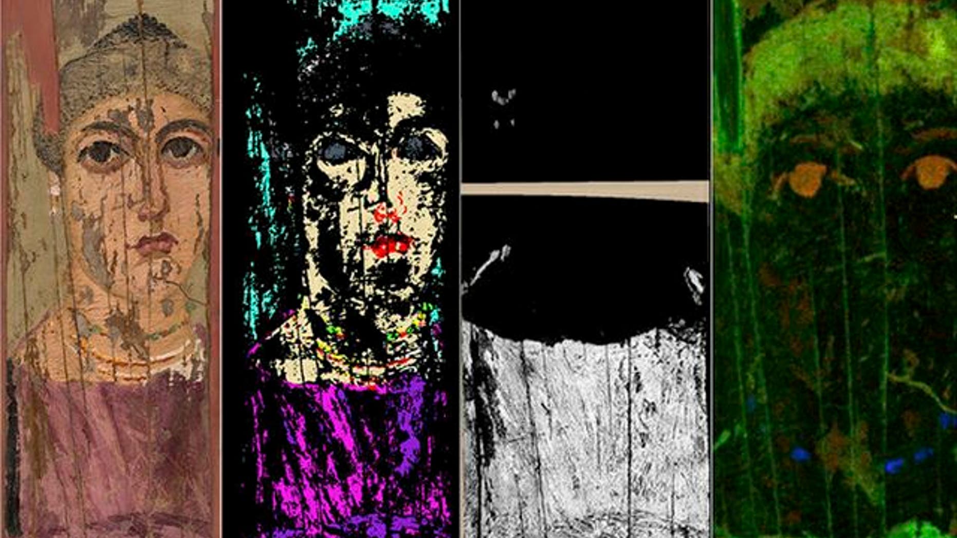 The original Egyptian painting (left) next to images produced using hyperspectral reflectance, luminescence and X-ray fluorescence.