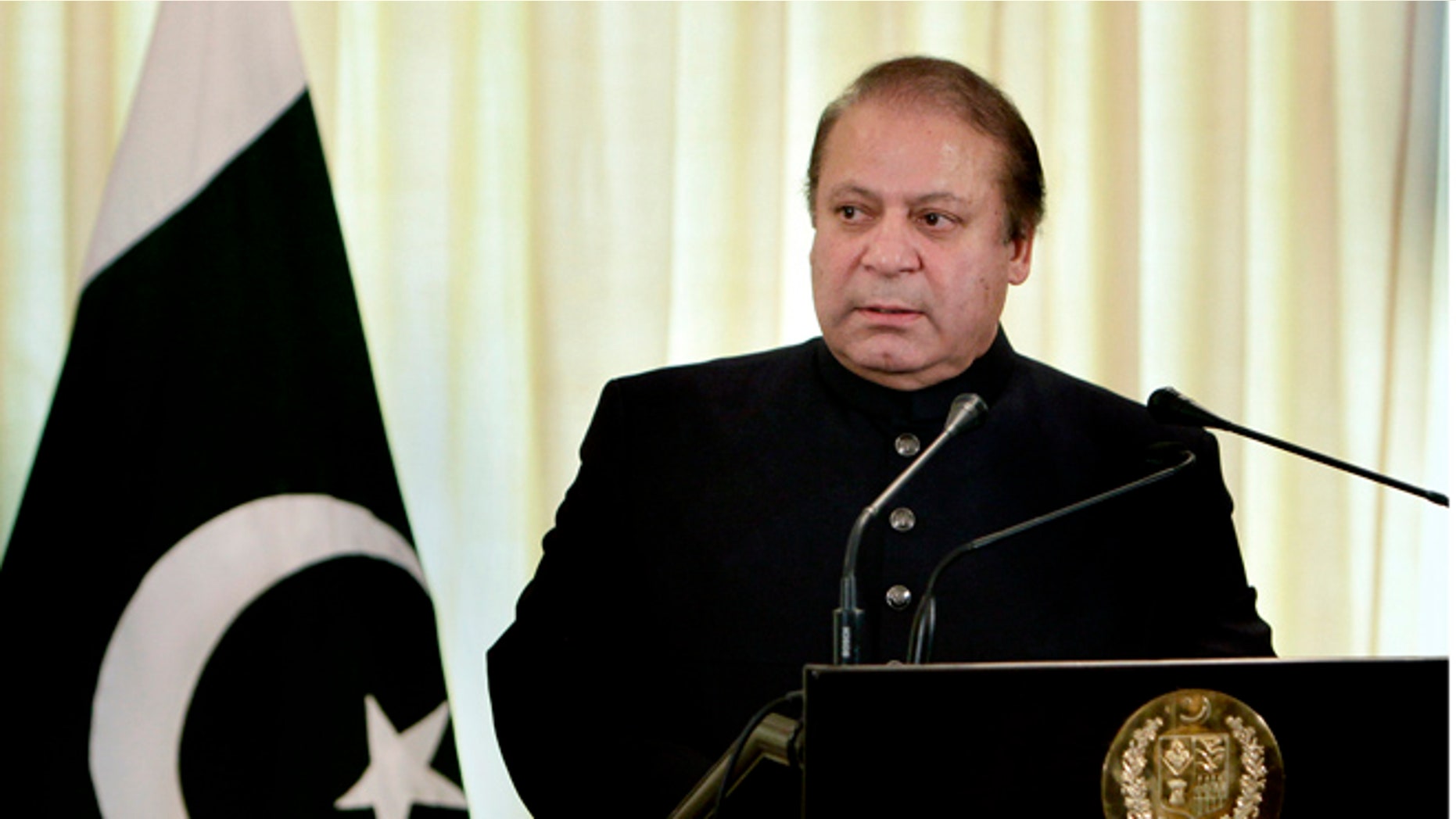 FILE: Aug. 26, 2013: Pakistani Prime Minister Nawaz Sharif at a joint press conference in Islamabad, Pakistan, with Afghan President Hamid Karzai.