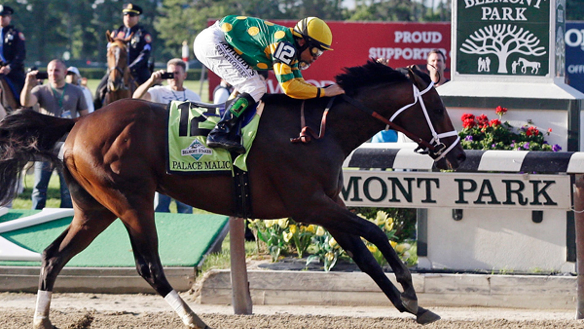 June 8, 2013: Palace Malice, ridden by jockey Mike Smith, crosses the finish line to win the the 145th Belmont Stakes horse race at Belmont Park Saturday, in Elmont, N.Y.