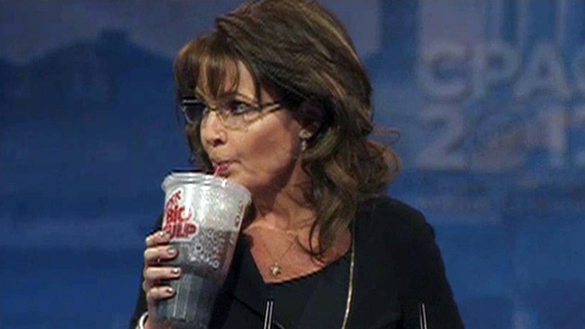 Sarah Palin takes a break from her CPAC speech to poke fun at Mayor Bloomberg's large soda ban.
