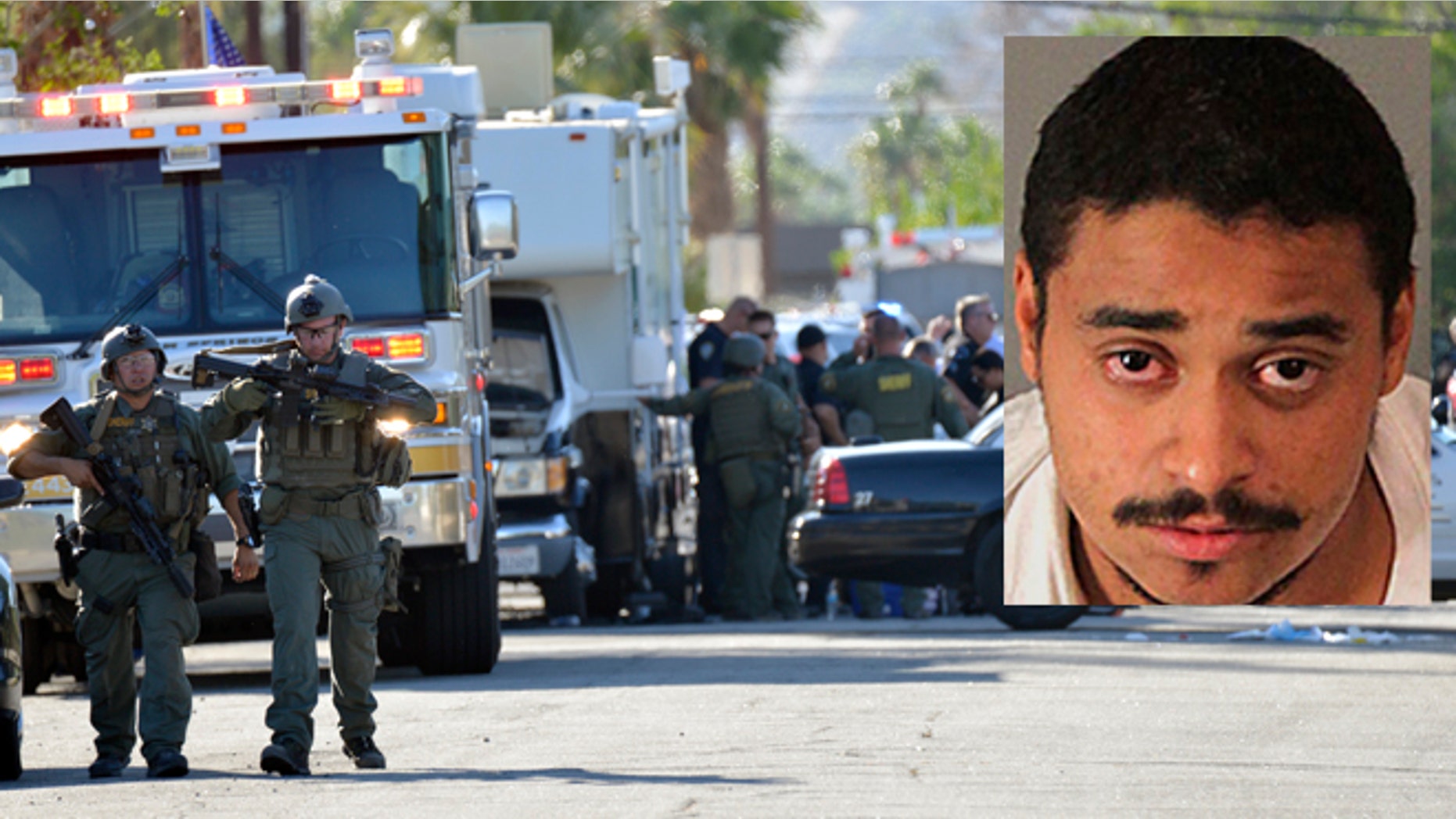 Riverside Country Sheriffs Deputies stand near the scene of a shooting in Palm Springs, Calif., Saturday, Oct. 8, 2016. Insert: Photo released by the Riverside Country Sheriff's Department shows suspect John Felix. (AP/Riverside County Sheriff's Department via AP)