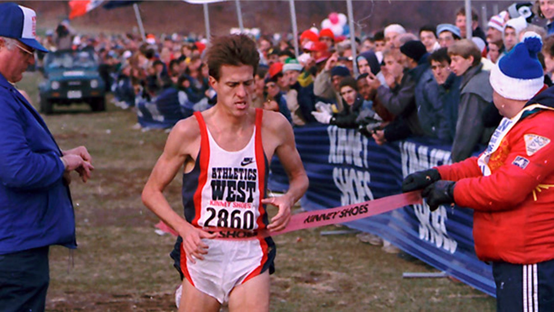 FILE: November 1987: Pat Porter breaking the tape to win the United States Senior Men's Cross Country Championships, for the sixth year in a row, in New York.