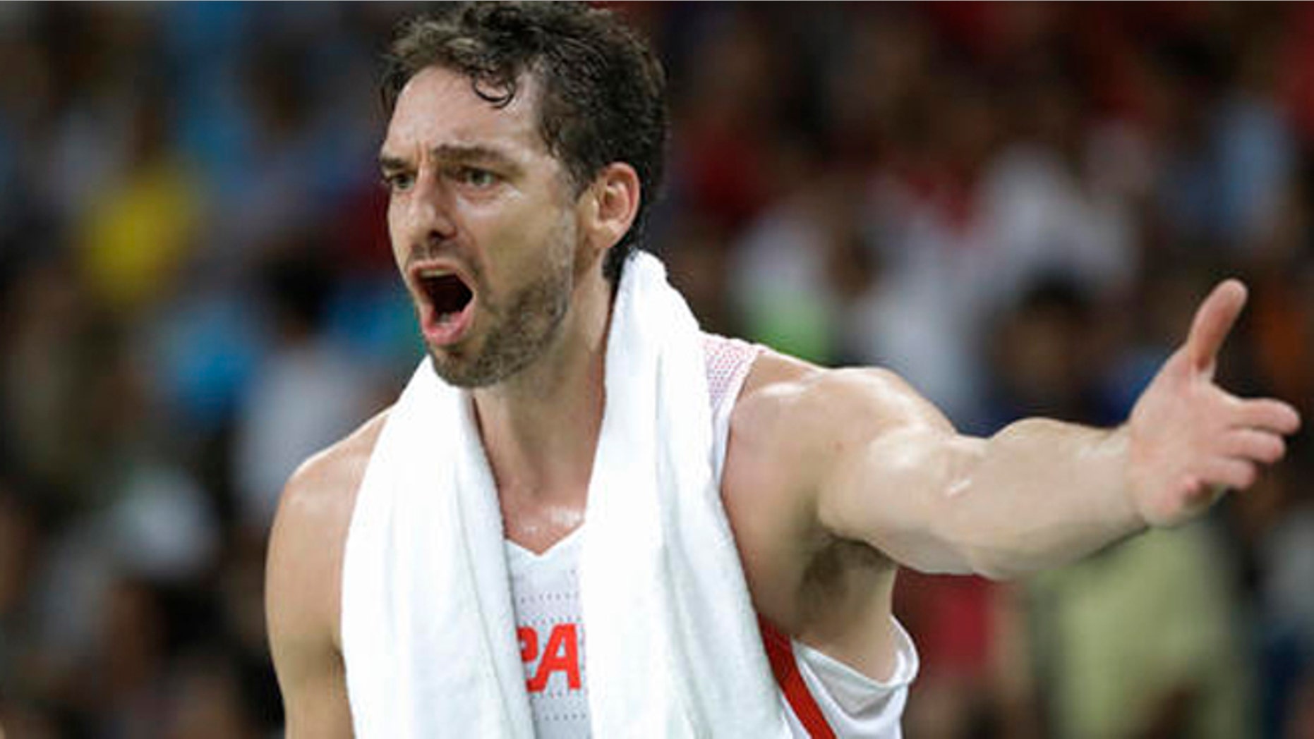 Spain's Pau Gasol (4) questions a call during a men's semifinal round basketball game against the United States at the 2016 Summer Olympics in Rio de Janeiro, Brazil, Friday, Aug. 19, 2016. (AP Photo/Eric Gay)