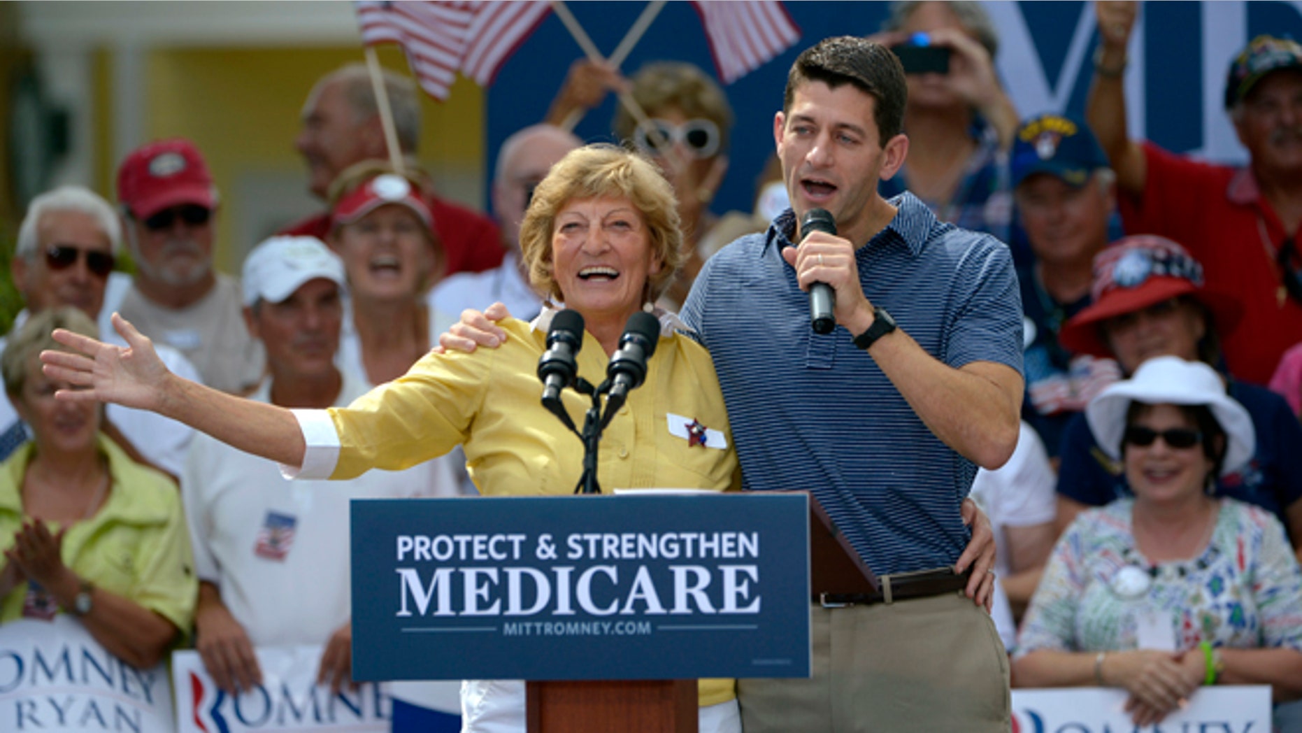 Republican vice-presidential candidate, Rep. Paul Ryan, R-Wis., right, introduces his mother, Betty Ryan Douglas, to supporters at a campaign rally in The Villages, Fla., Saturday, Aug. 18, 2012. (AP Photo/Phelan M. Ebenhack)
