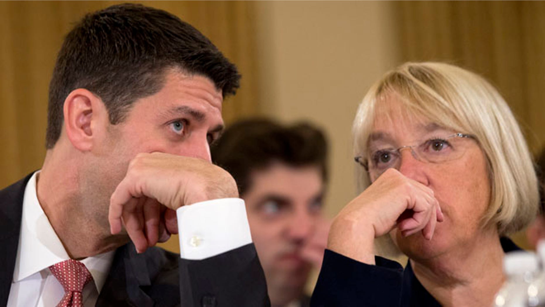 Nov. 13, 2013 file photo of House Budget Committee Chairman Rep. Paul Ryan, R-Wis., left, speaking with Senate Budget Committee Chair Sen. Patty Murray, D-Wash. on Capitol Hill in Washington.