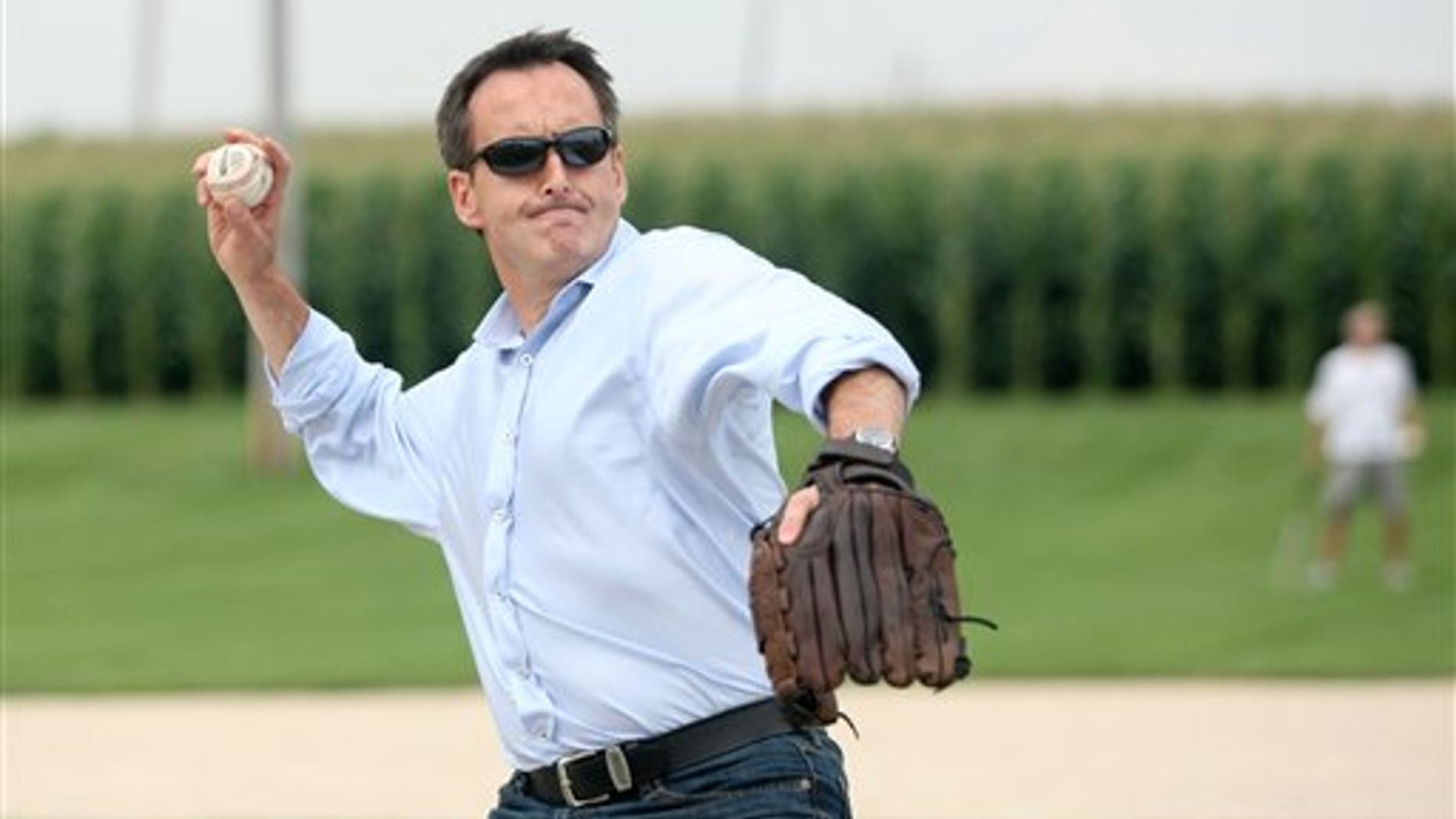 Friday: Republican presidential candidate Tim Pawlenty throws a pitch at the Field of Dreams in Dyersville, Iowa during a break between campaign stops.