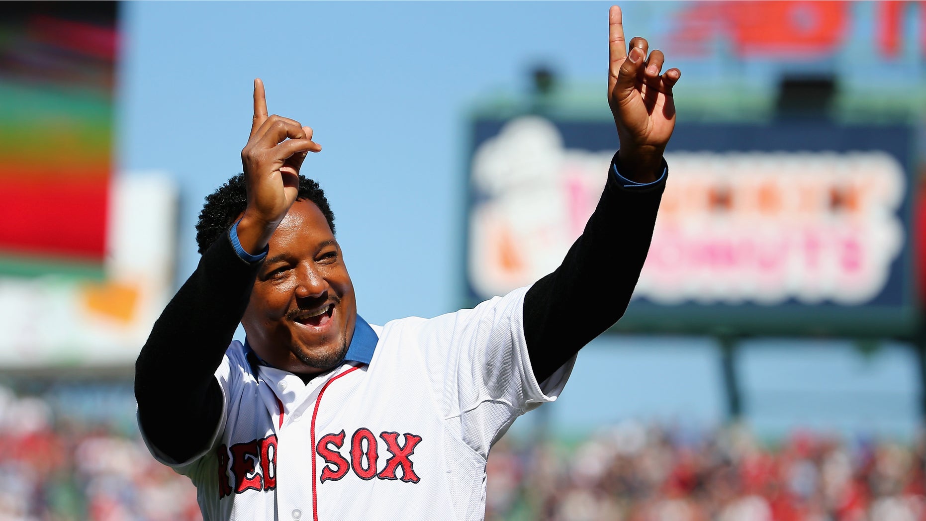 BOSTON, MA - APRIL 13: Pedro Martinez waves to the crowd at Fenway Park before the game between the Boston Red Sox and the Washington Nationals on April 13, 2015 in Boston, Massachusetts. (Photo by Maddie Meyer/Getty Images)