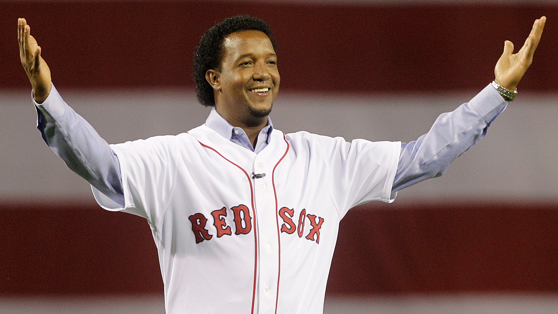 Pedro Martinez greets the Boston crowd on April 4, 2010.