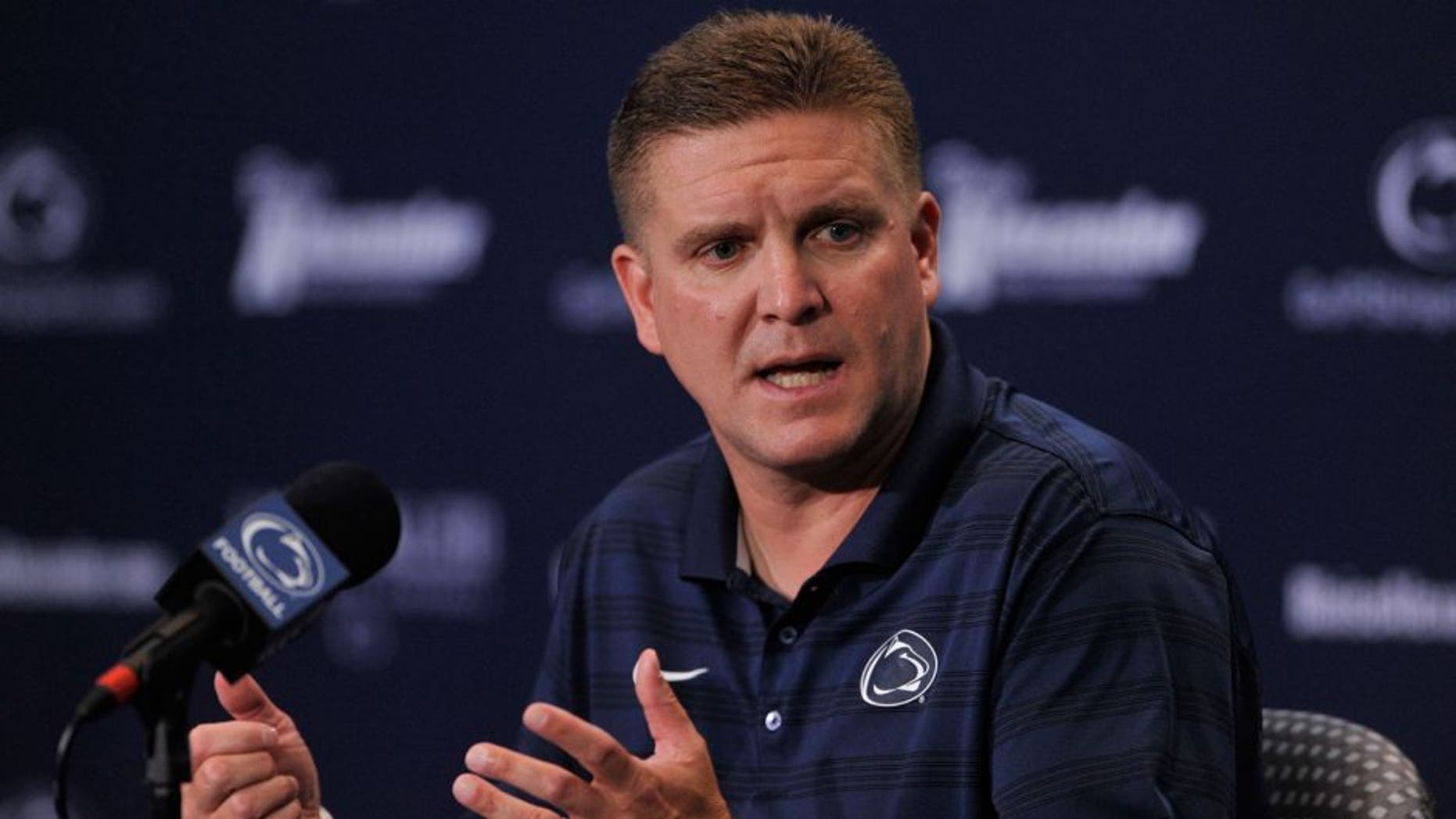 Penn State defensive coordinator Bob Shoop talks to reporters during media day at Beaver Stadium in University Park, Pa., on Thursday, Aug. 6, 2015. (Nabil K. Mark/Centre Daily Times/TNS via Getty Images)