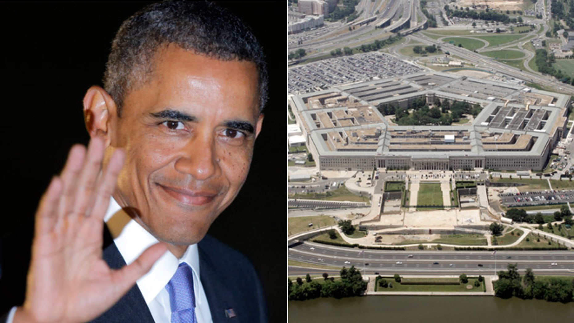 This split photo shows President Barack Obama, left, and the Pentagon, right.