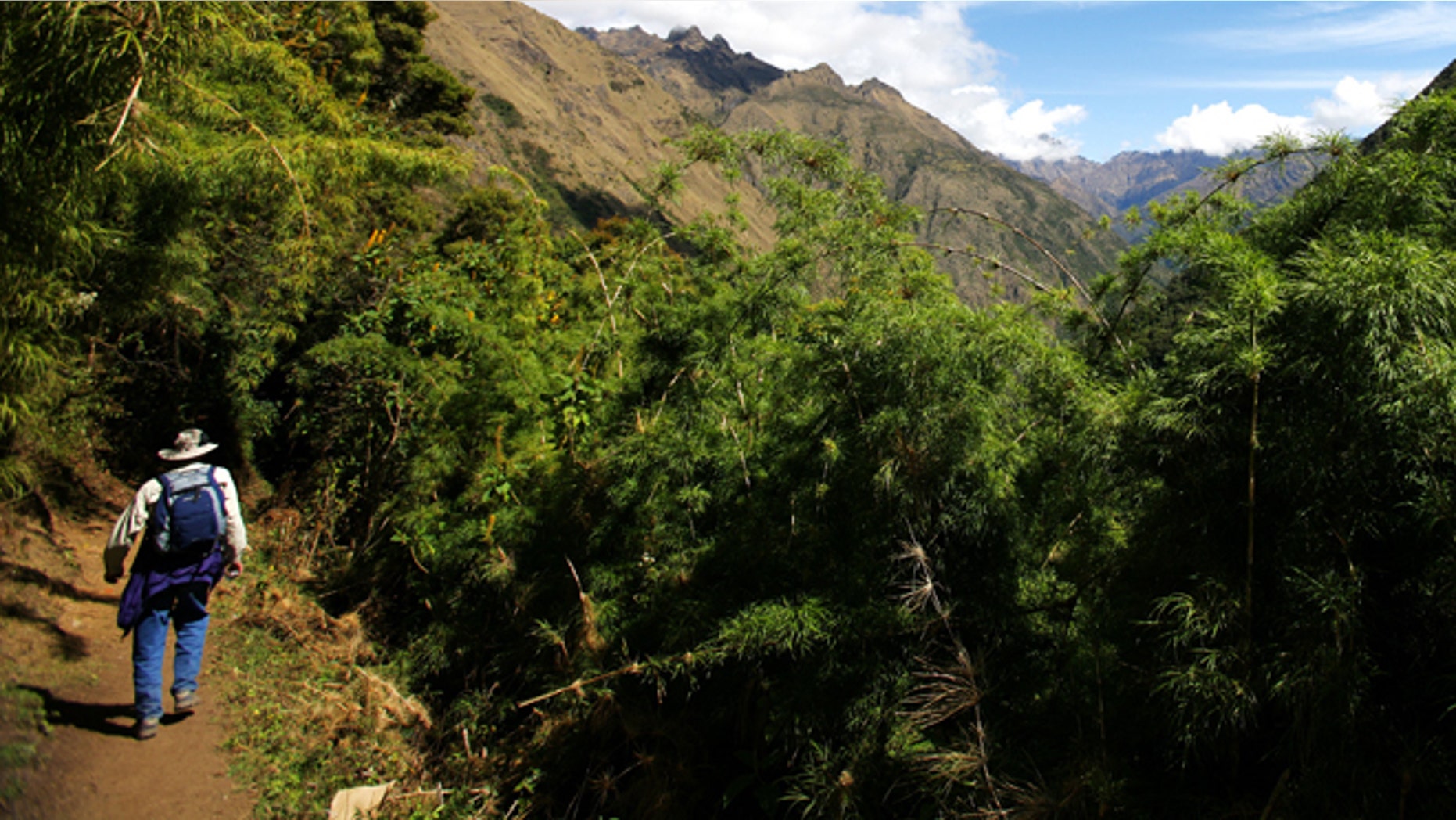 COLPAPAMPA, PERU - JUNE 2007: The trek winds its way down from the High Andes to the cloud forest, "Ceja de Selva", the eyebrow of the jungle, Colpapampa, Peru, 28 June 2007. The weather and surroundings become warmer at this point and orchids, humming-birds and flocks of parrots are visible. There is a dense rise in the jungle foliage as it soars up into the clouds. This part of the trek concludes in Mesada (2800m) where there are natural hot springs and good river swimming. (photo by Brent Stirton/Getty Images.)
