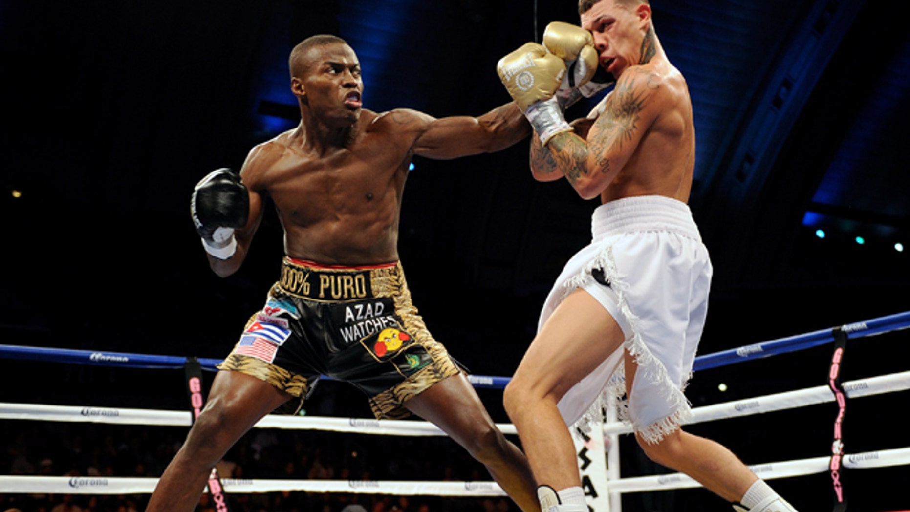 ATLANTIC CITY, NJ - OCTOBER 26: "Kid Chocolate" Peter Quillin punches Gabriel Rosado during their middleweight fight in Boardwalk Hall Arena on October 26, 2013 in Atlantic City, New Jersey. (Photo by Maddie Meyer/Getty Images)