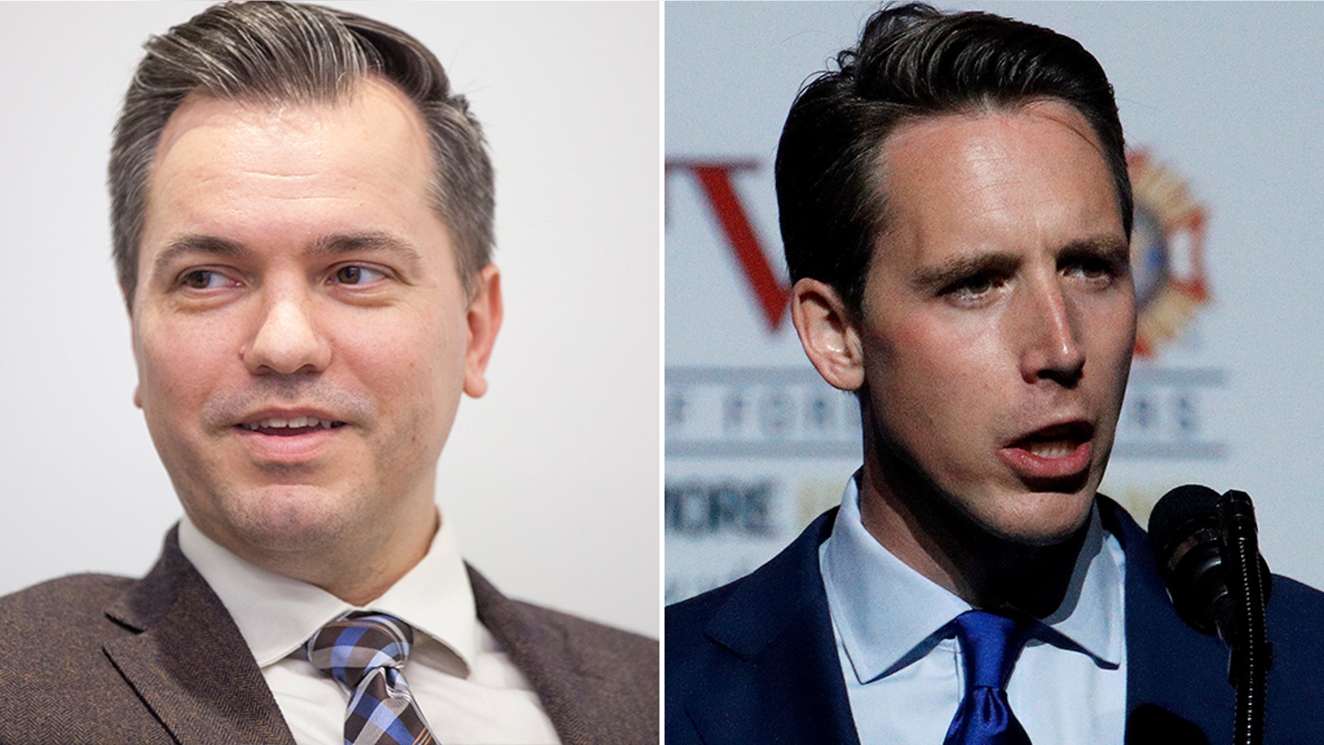 Underdog Republican Senate candidate Austin Petersen (left) warned President Trump on Tuesday against going all-in for primary rival Josh Hawley (right) in Missouri