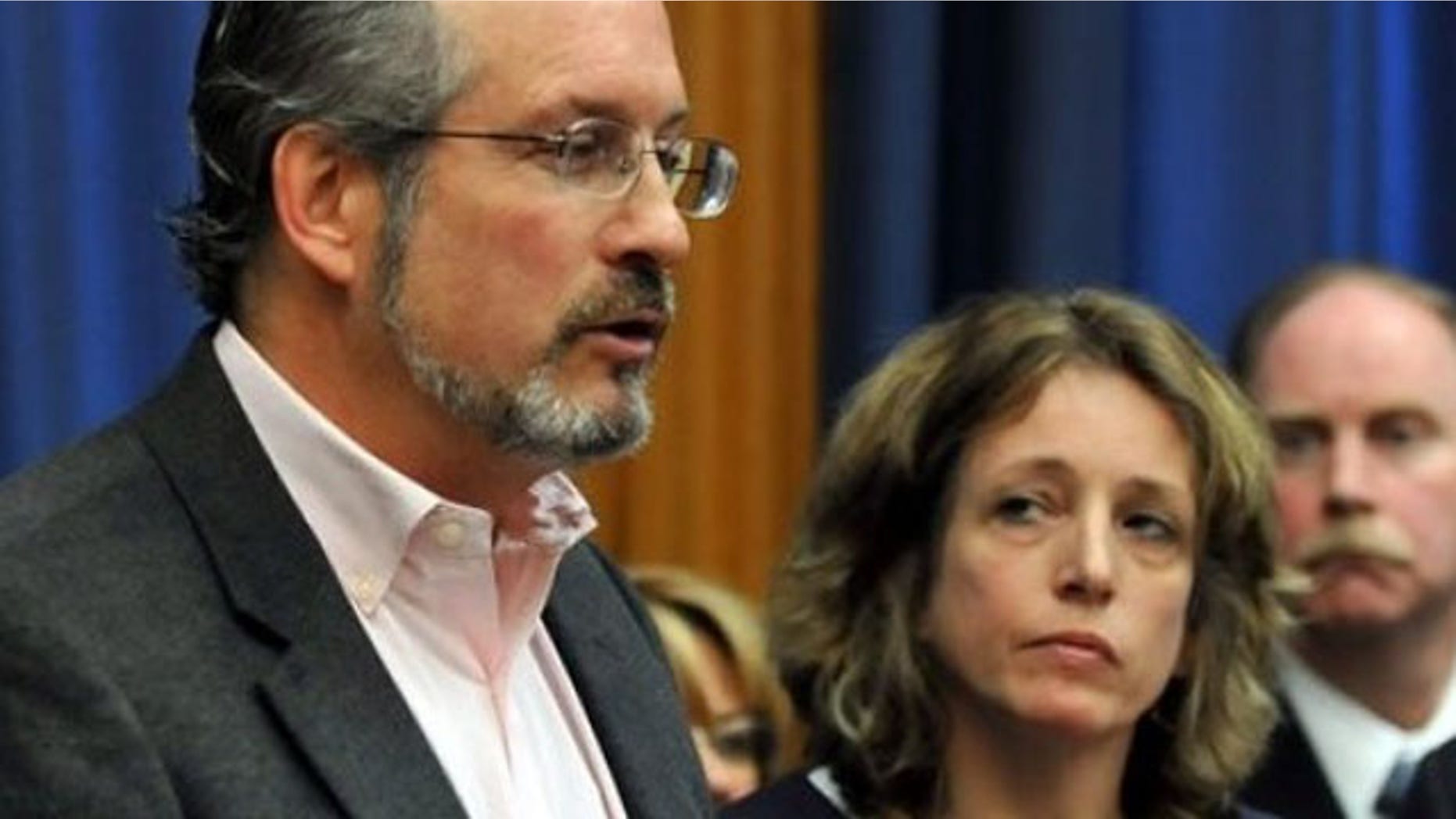 April 3, 2012: Dr. William Petit Jr., left, speaks to the media as his sister Johanna Chapman looks on at the Capitol in Hartford, Conn.