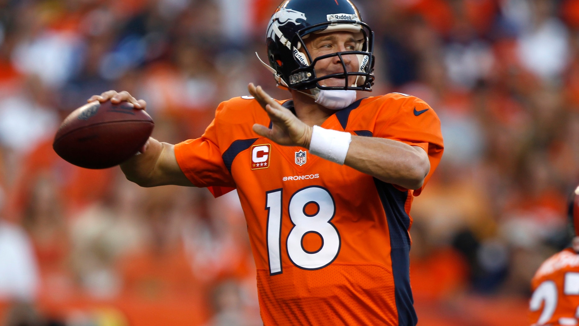Sept. 9, 2012: Denver Broncos quarterback Peyton Manning looks to pass against the Pittsburgh Steelers during the first quarter of an NFL football game.