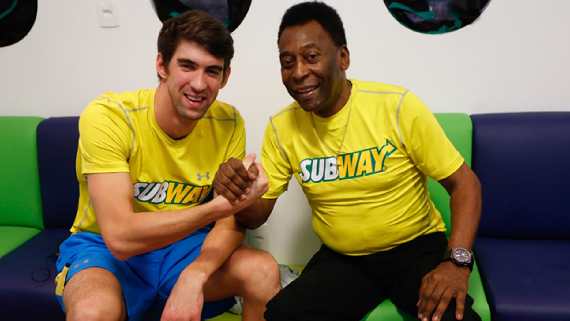 Michael Phelps and Pele at a press conference to promote healthy lifestyle among children on December 04, 2013 in Sao Paulo, Brazil.
