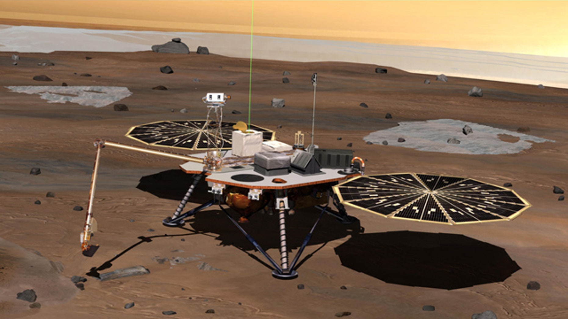 NASA's Phoenix Mars Lander monitors the atmosphere overhead and reaches out to the soil below in this artist's depiction of the spacecraft fully deployed on the surface of Mars.