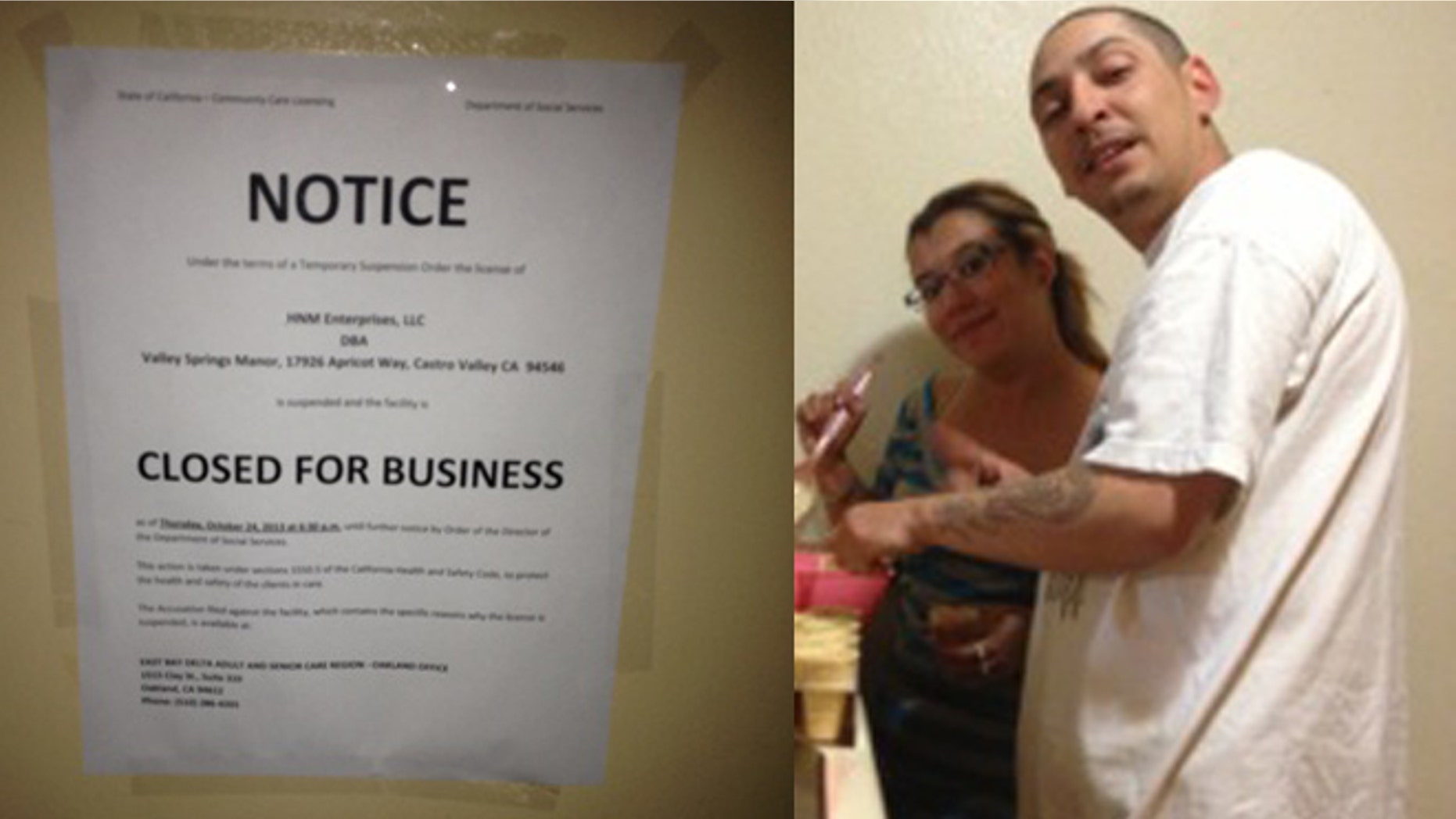 (Left) Notice placed at the entrance of Valley Springs Manor senior home in Central Valley, California. (Right) Miguel Alvarez, 33, janitor helped abandoned seniors for several days at senior home center.