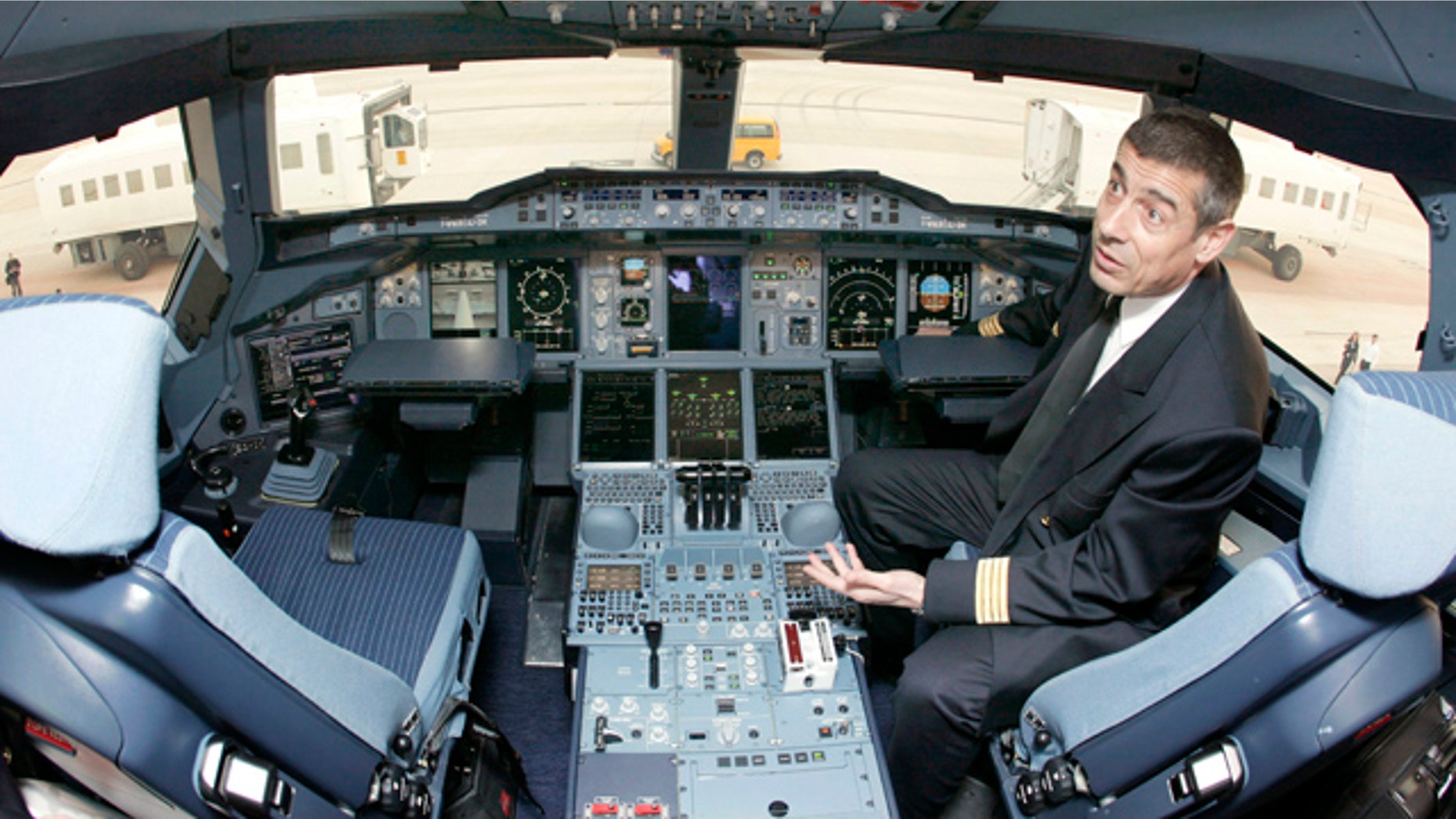 March 26, 2007: Airbus A380 pilot Jean-Michel Roy sits in the cockpit of the aircraft on the tarmac at Washington Dulles International Airport in Dulles, Virginia.