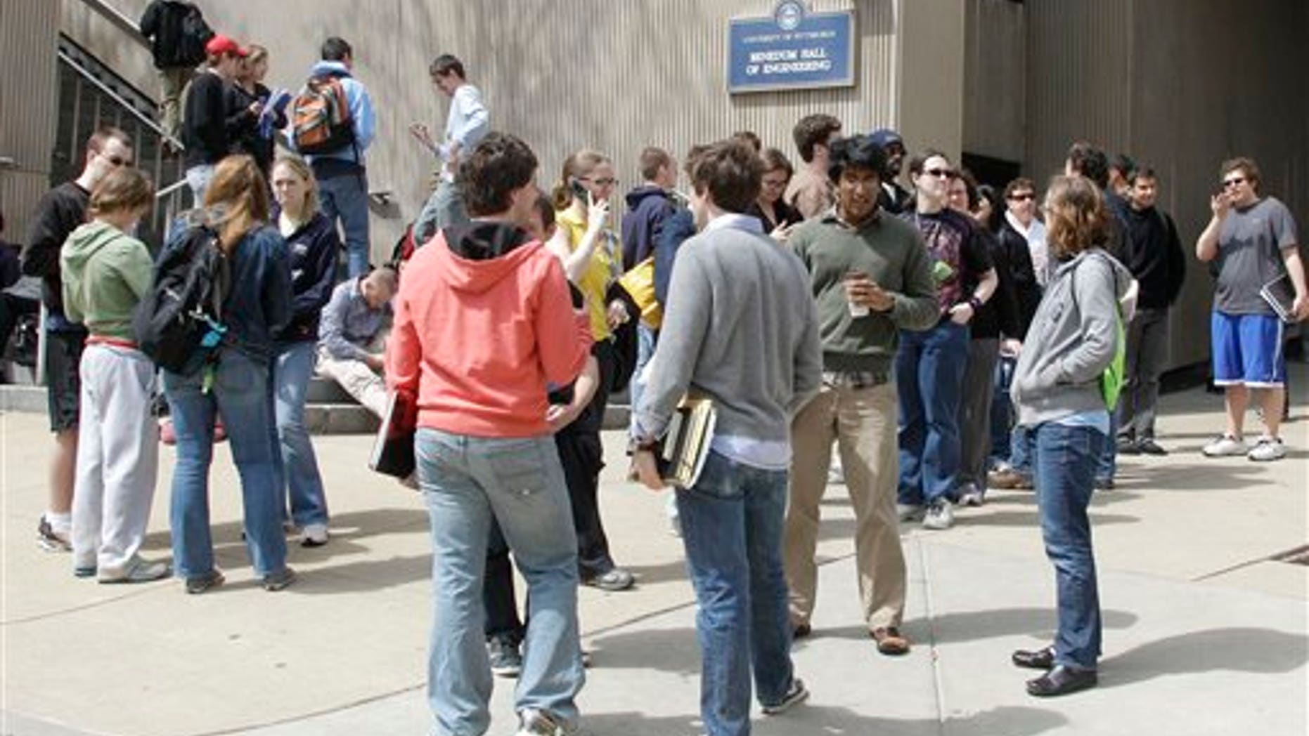 April 9: Students wait across the street after being evacuated from buildings adjacent to the University Club on the University of Pittsburgh campus after a bomb threat was received.