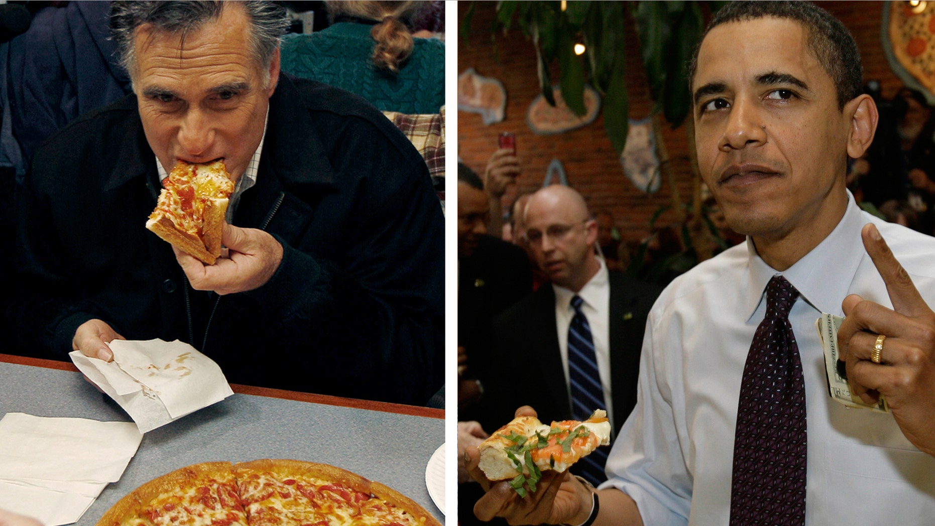 In this combination of file photos, Republican presidential candidate former Mass. Gov. Mitt Romney, left, takes a bite of pizza during lunch with his wife Ann while campaigning at Village Pizza in Newport, N.H., Dec. 20, 2011, and then-Senator Barack Obama, right, takes a bite of pizza at American Dream Pizza in Corvallis, Ore., March 21, 2008. Pizza Hut is offering a lifetime of free pizza, one large pie a week for 30 years, or a check for $15,600 to anyone who poses the question "Sausage or pepperoni?" to either President Barack Obama or Republican candidate Mitt Romney during the live Town Hall-style debate next Tuesday, Oct. 16, 2012. (AP Photo)