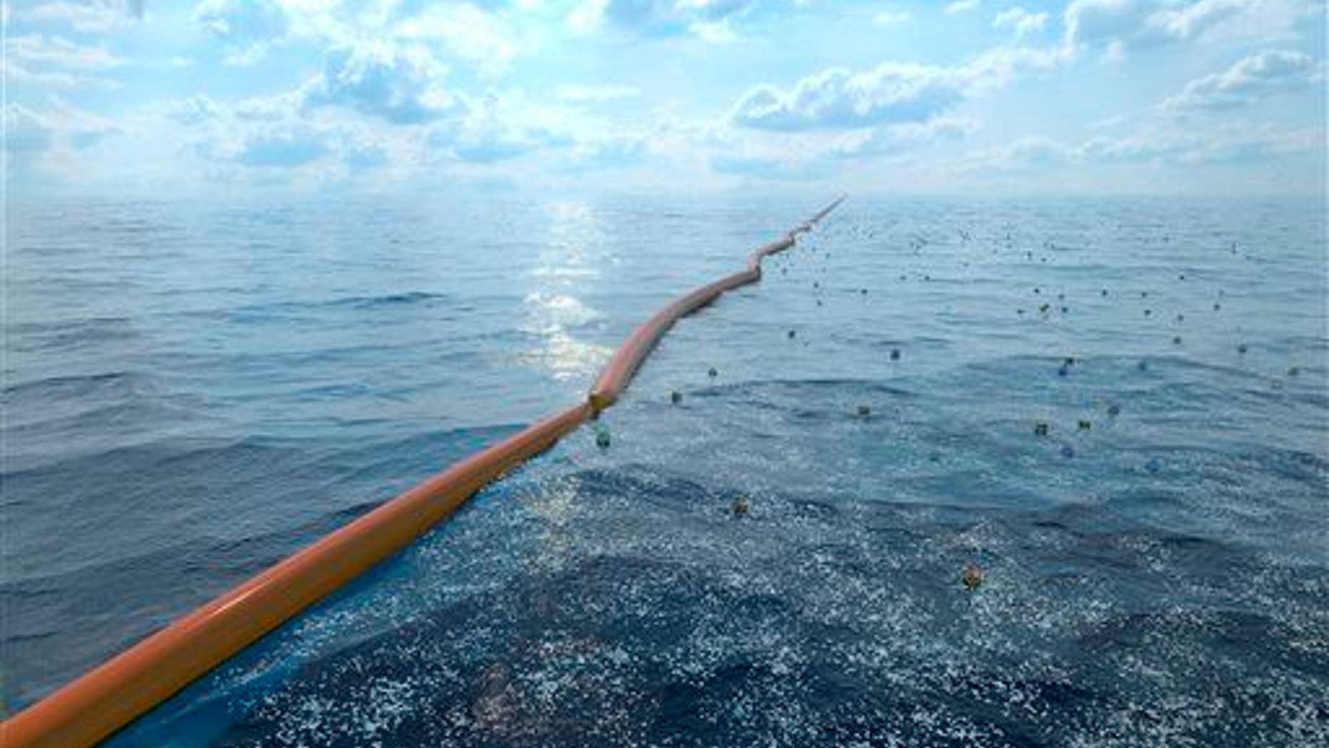 This computer-generated artists' illustration provided by The Ocean Cleanup shows how a floating barrier and collection station might appear in a project to collect plastic garbage from the world's oceans.