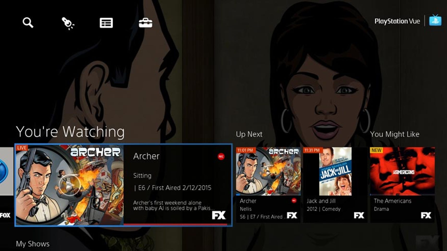 This screen shot image provided by Sony Computer Entertainment America shows the 'You're Watching' section of the Sony PlayStation Vue interface.